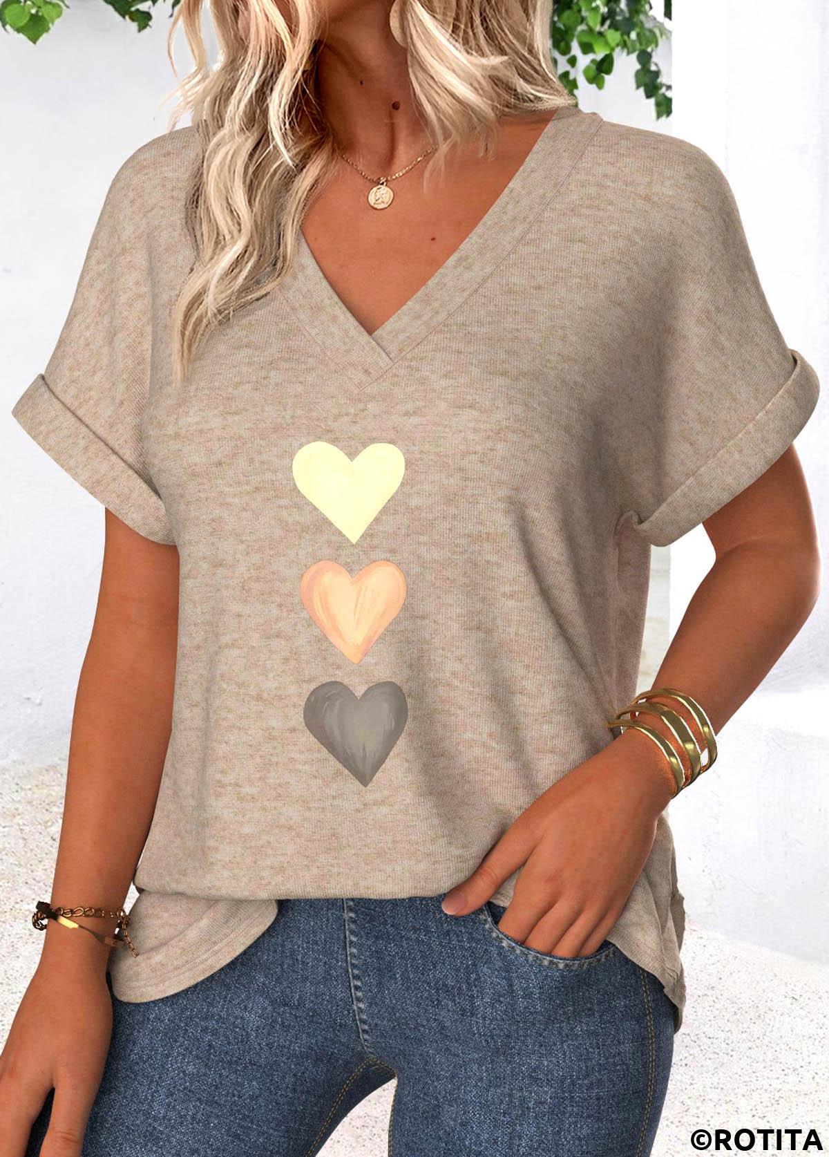 Light Camel tops,Heart tops,ROTITA Tummy Coverage Heart Print Light Camel T Shirt