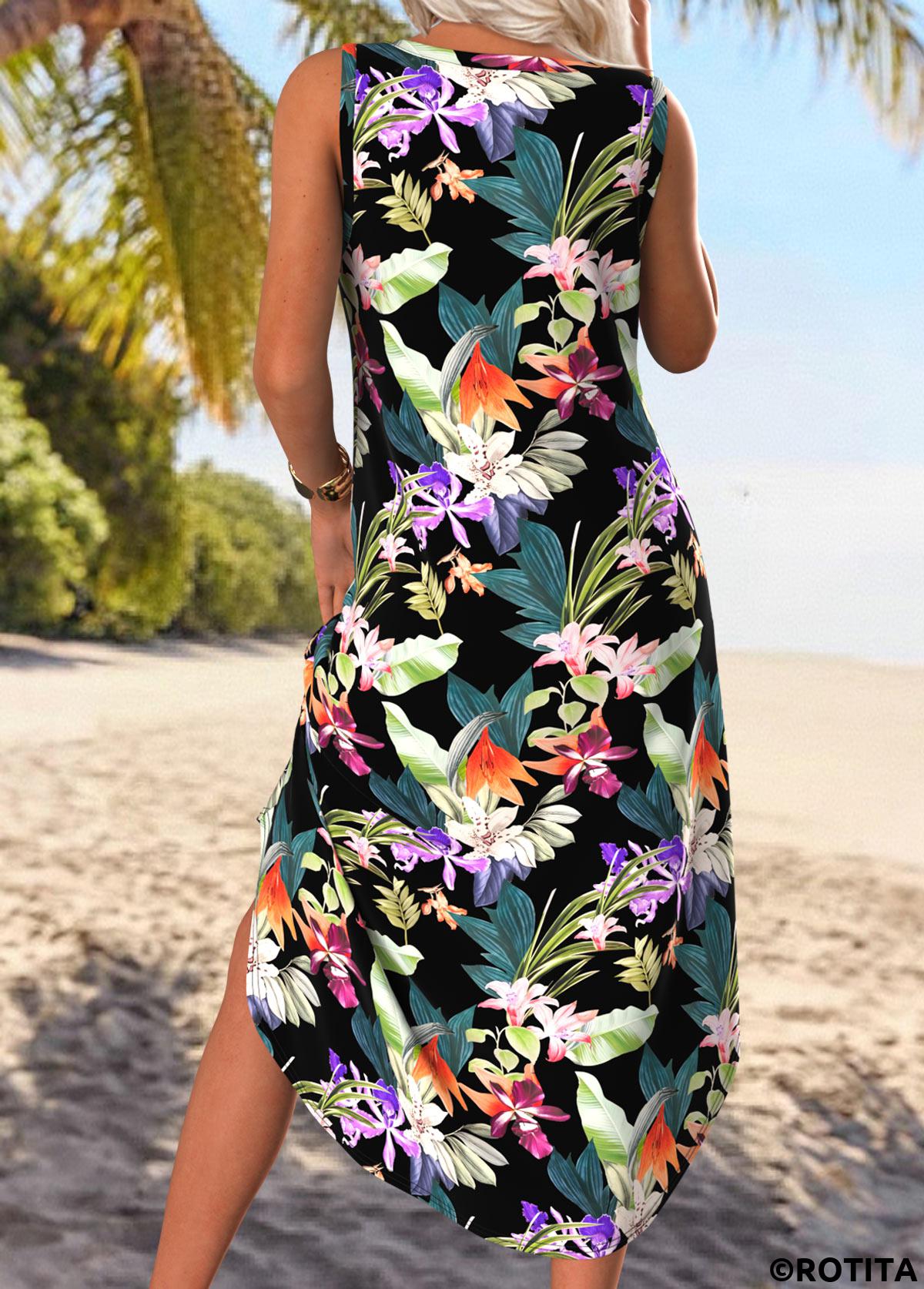 Black dresses,Multi Color dresses,Floral dresses,Plants dresses,Vacation dresses,Vacation dresses,ROTITA Tummy Coverage Floral Print Black A Line Sleeveless Dress