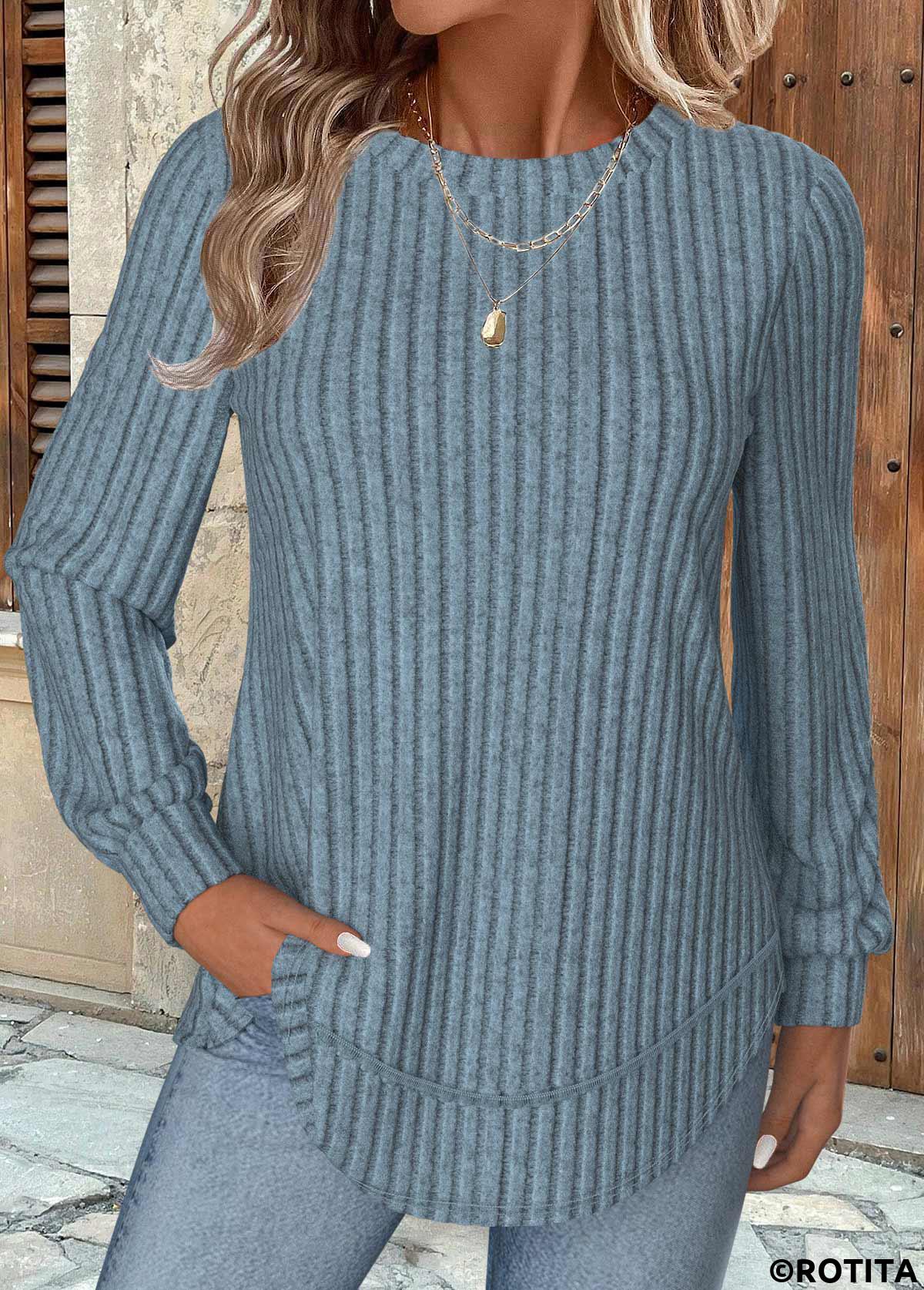 Dusty Blue tops,Plain Color tops,ROTITA Dusty Blue Round Neck Long Sleeve Sweatshirt