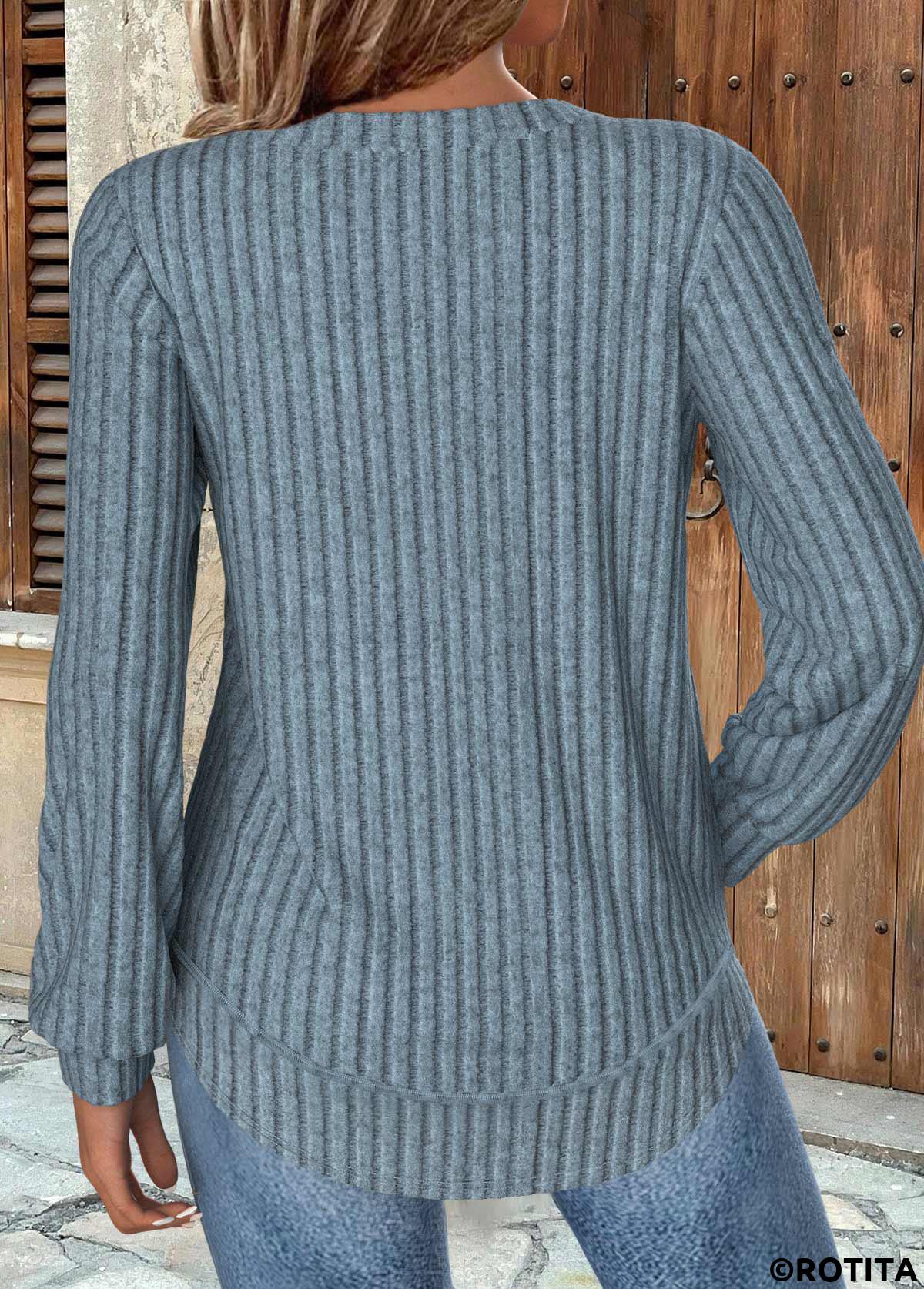 Dusty Blue tops,Plain Color tops,ROTITA Dusty Blue Round Neck Long Sleeve Sweatshirt