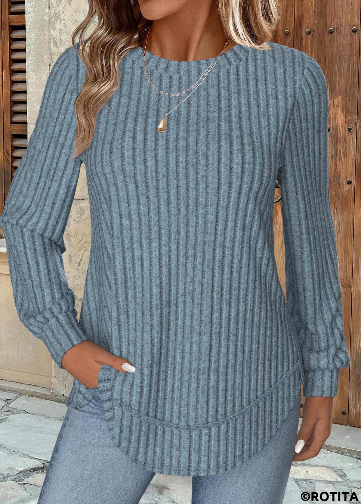 Dusty Blue tops,Plain Color tops,ROTITA Dusty Blue Round Neck Long Sleeve Sweatshirt
