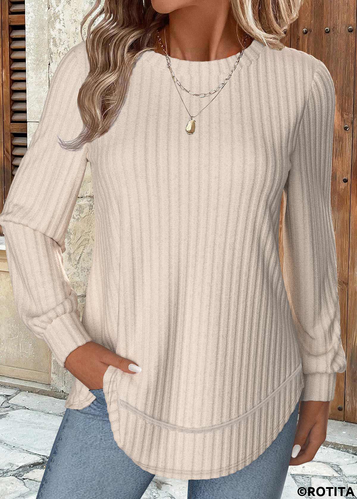 Beige tops,Plain Color tops,ROTITA Beige Round Neck Long Sleeve Sweatshirt