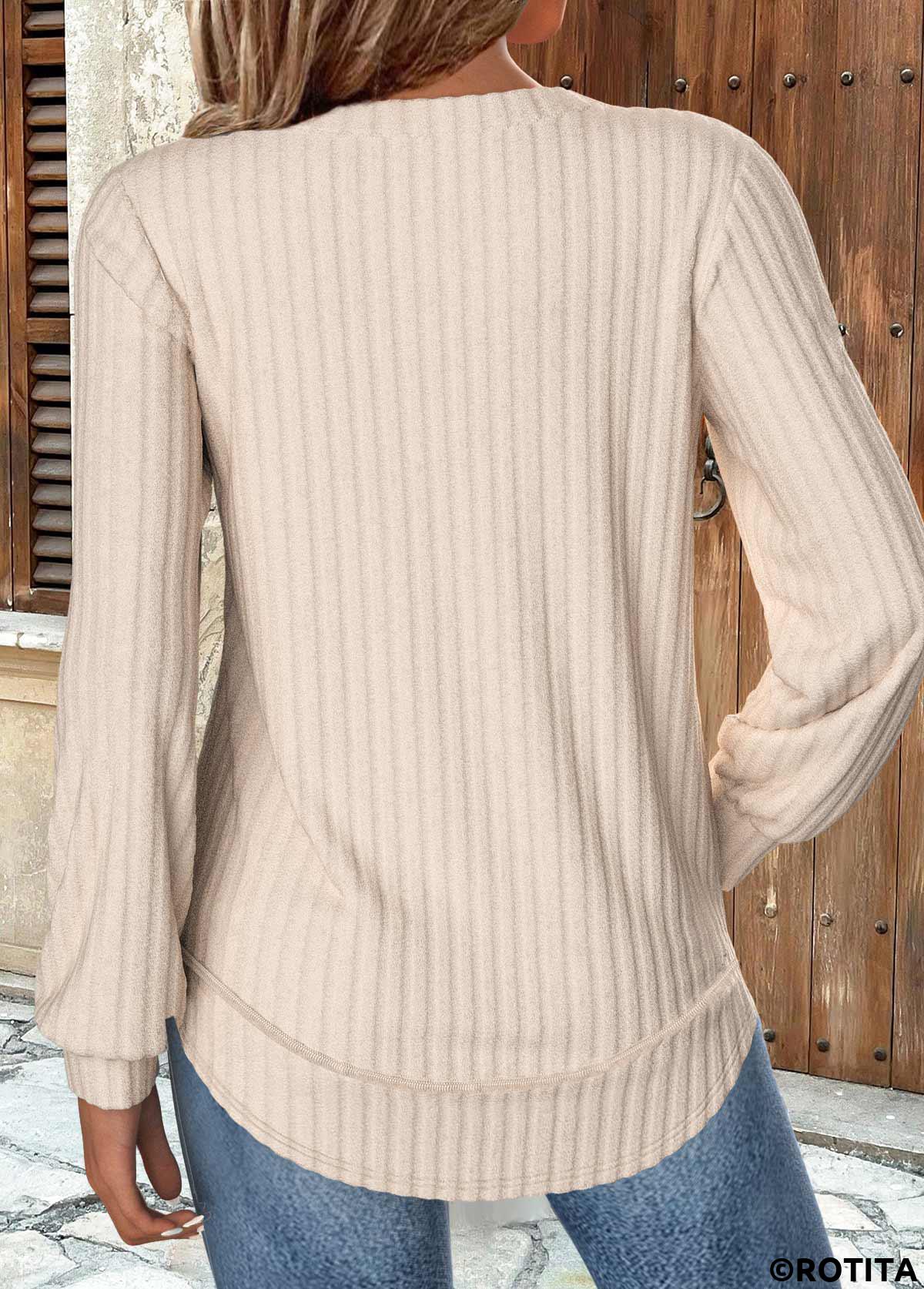 Beige tops,Plain Color tops,ROTITA Beige Round Neck Long Sleeve Sweatshirt