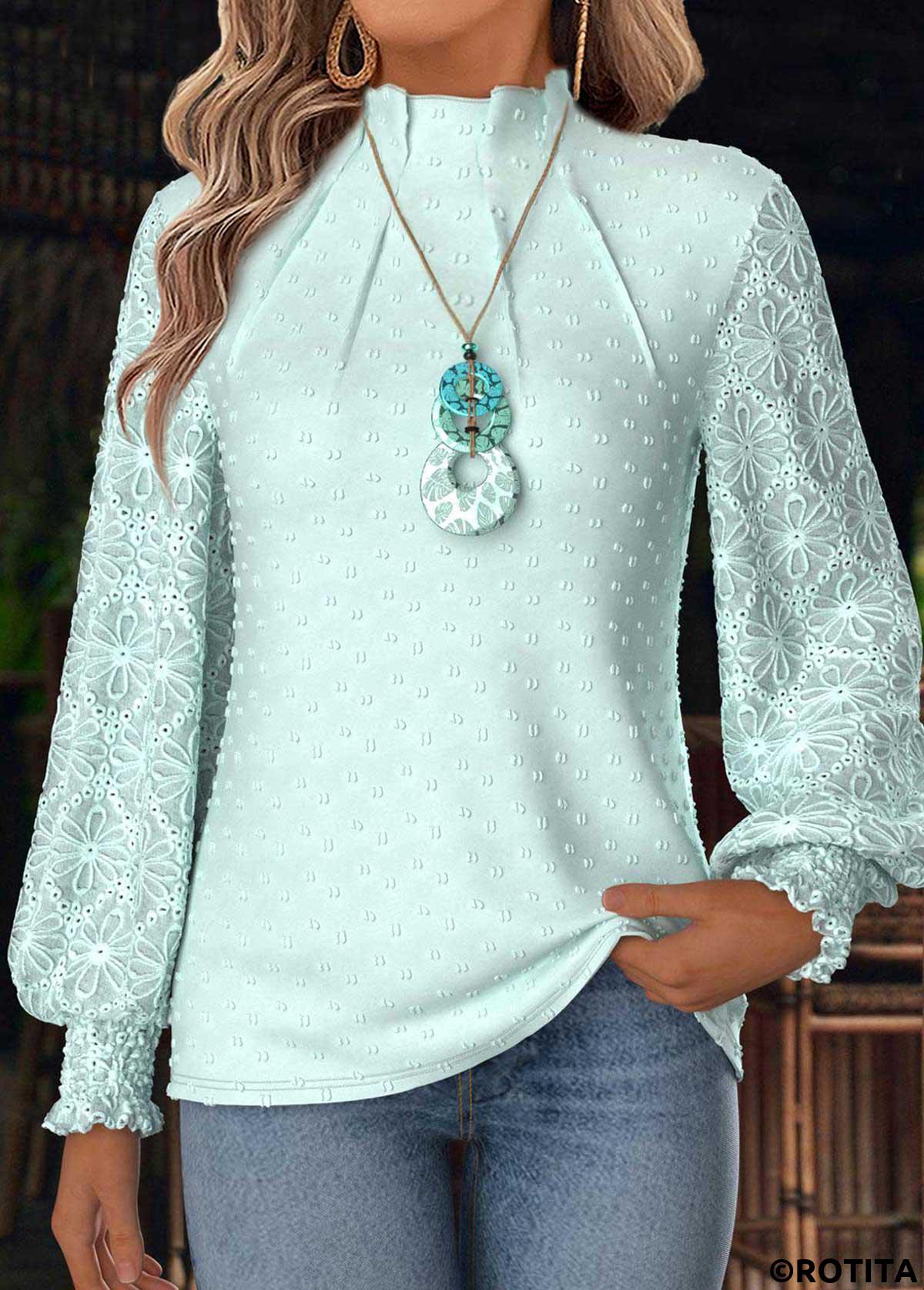 Mint Green tops,Plain Color tops,ROTITA Tummy Coverage Mint Green High Neck Long Sleeve Blouse