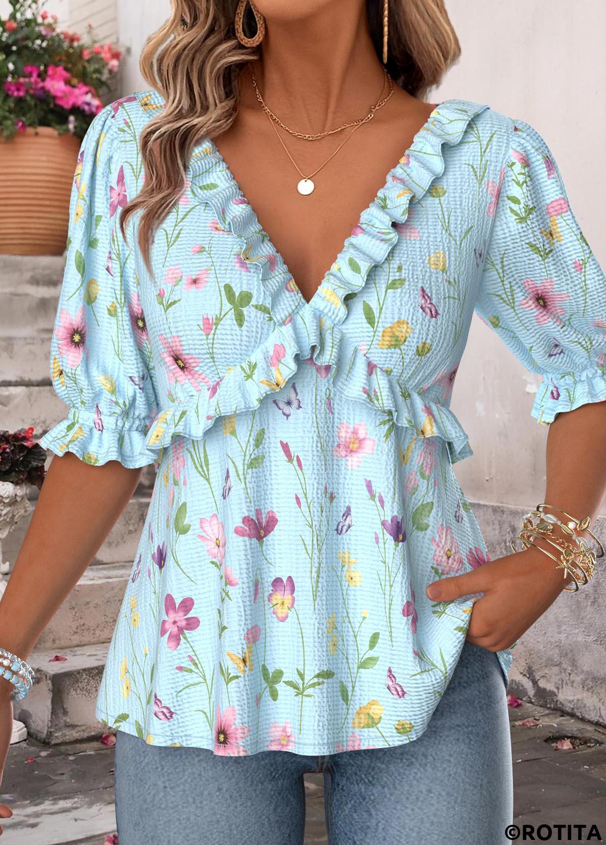 Light Blue tops,Floral tops,Plants tops,ROTITA Ruffle Floral Print Light Blue V Neck Blouse