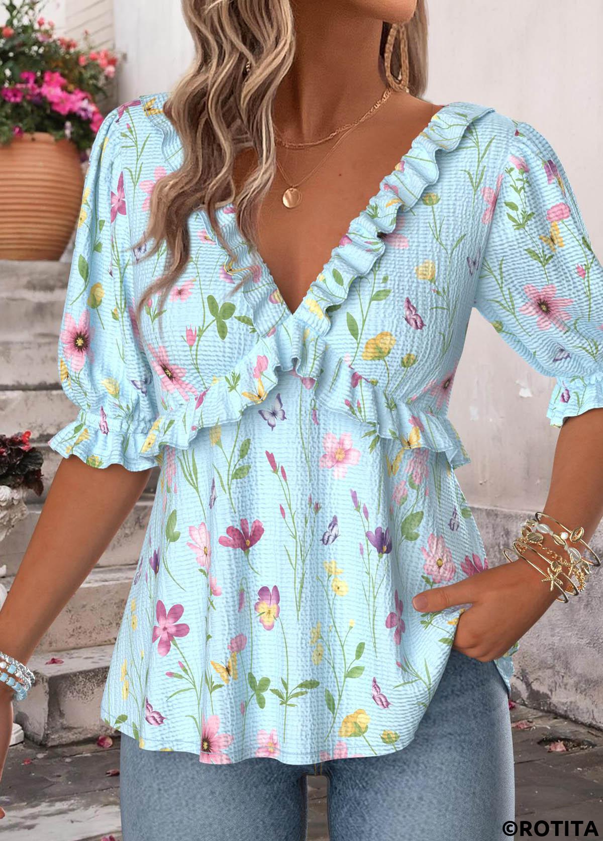 Light Blue tops,Floral tops,Plants tops,ROTITA Ruffle Floral Print Light Blue V Neck Blouse