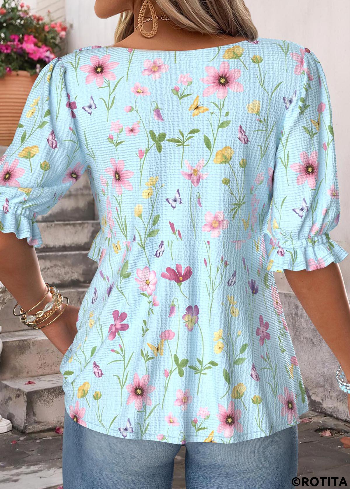 Light Blue tops,Floral tops,Plants tops,ROTITA Ruffle Floral Print Light Blue V Neck Blouse
