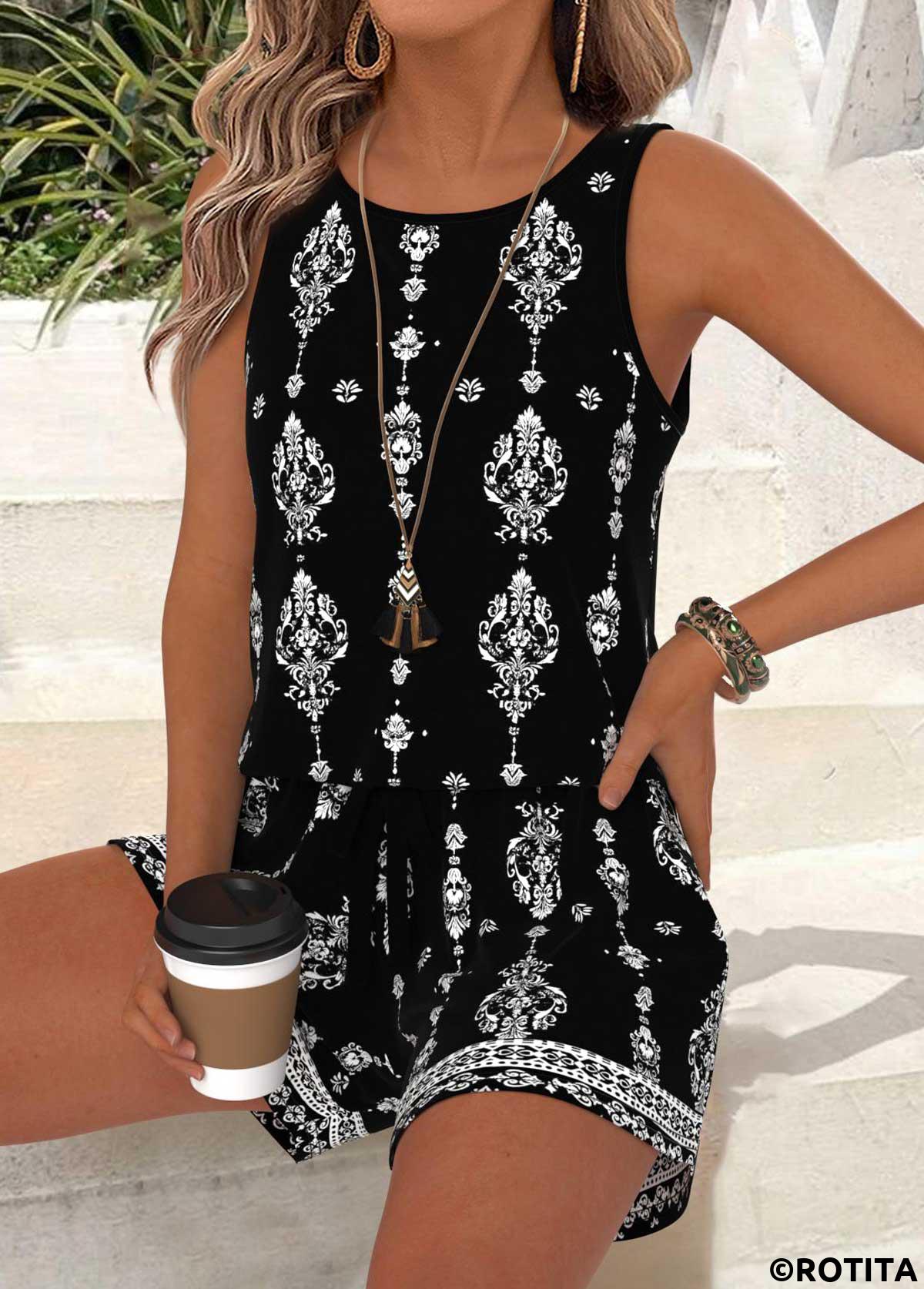 Black tops,Tribal tops,ROTITA Tummy Coverage Tribal Print Black Round Neck Tank Top