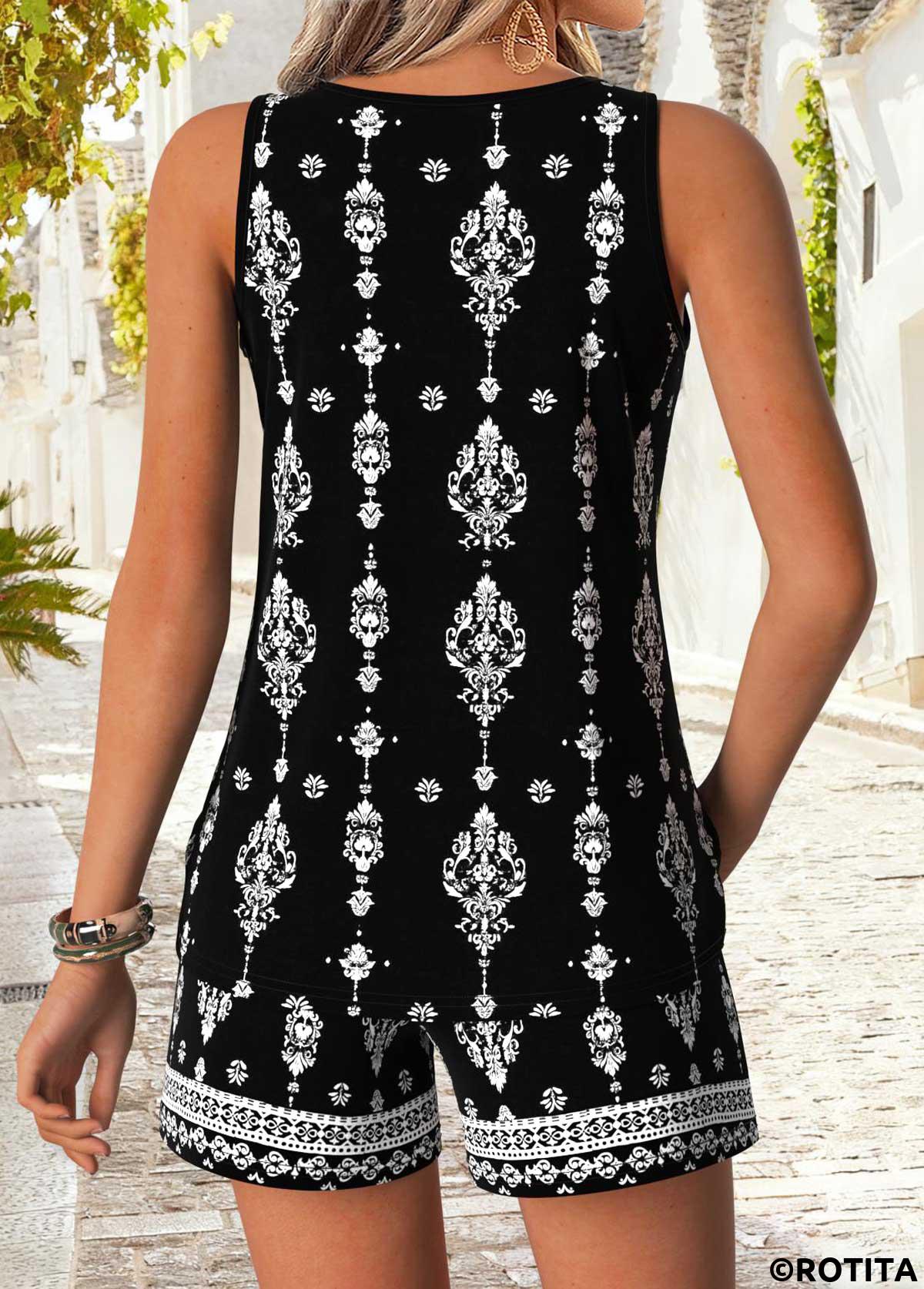 Black tops,Tribal tops,ROTITA Tummy Coverage Tribal Print Black Round Neck Tank Top