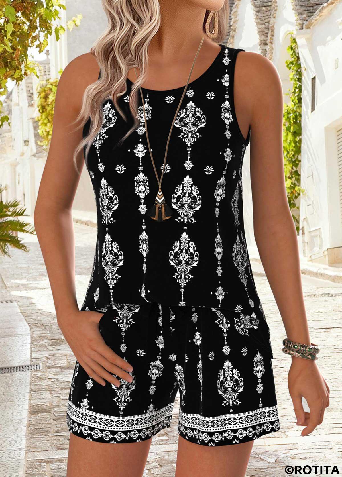 Black tops,Tribal tops,ROTITA Tummy Coverage Tribal Print Black Round Neck Tank Top