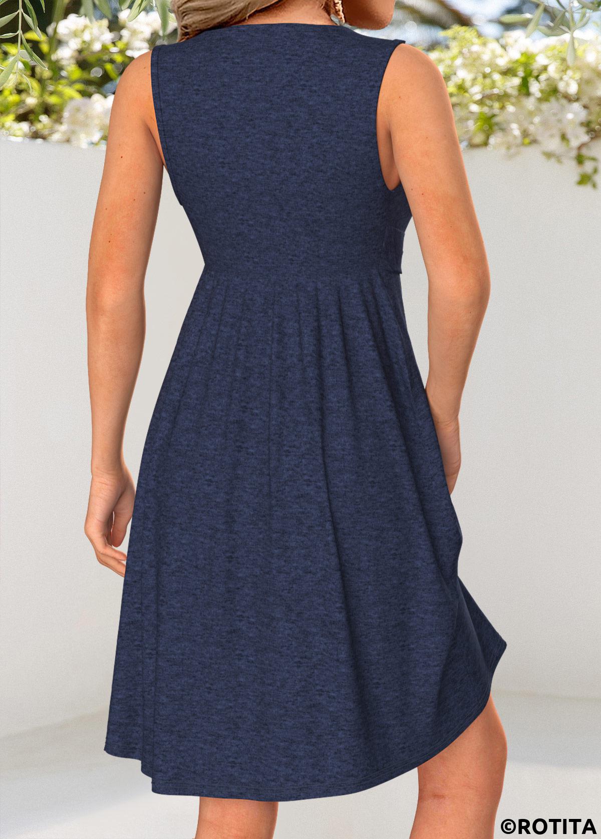 Navy dresses,Plain Color dresses,Everyday dresses,ROTITA Tummy Coverage Navy Short V Neck Sleeveless Dress