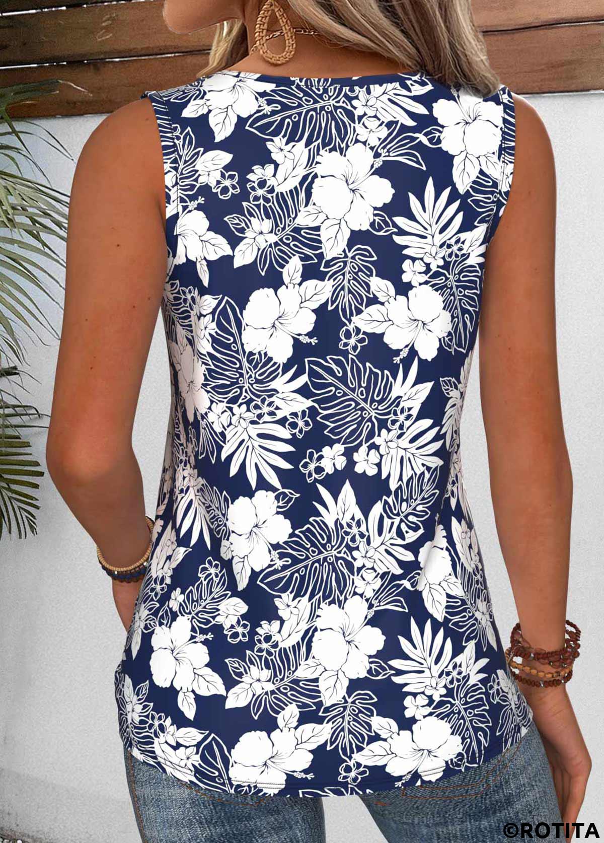 Navy tops,Floral tops,Plants tops,ROTITA Tummy Coverage Floral Print Navy Round Neck Tank Top