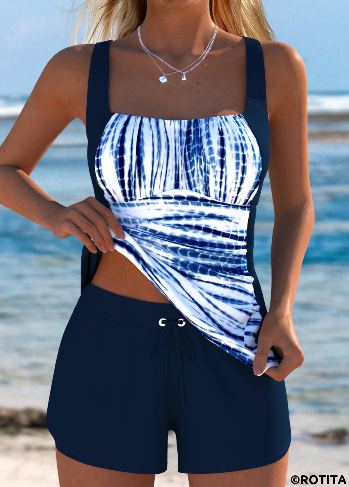 Navy swimwear,Tie Dye swimwear,ROTITA Tummy Coverage Navy Tie Dye Print Tankini Set