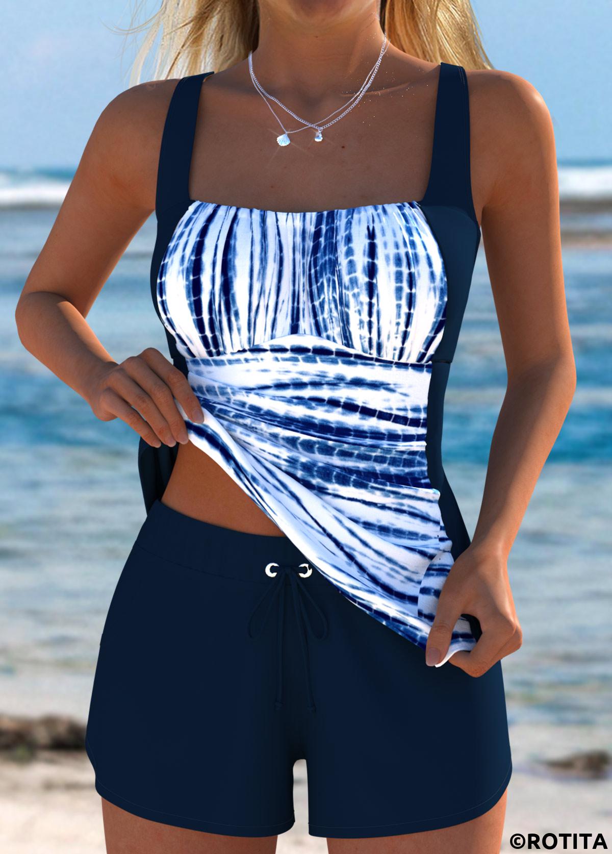 Navy swimwear,Tie Dye swimwear,ROTITA Tummy Coverage Navy Tie Dye Print Tankini Set