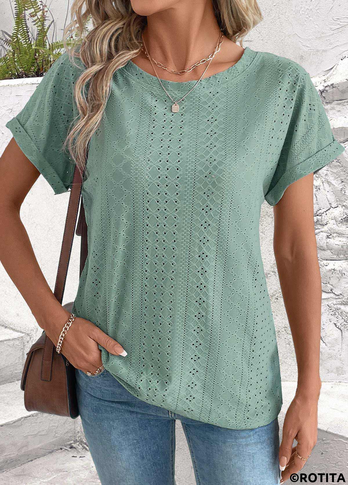 Sage Green tops,Plain Color tops,ROTITA Tummy Coverage Sage Green Round Neck T Shirt