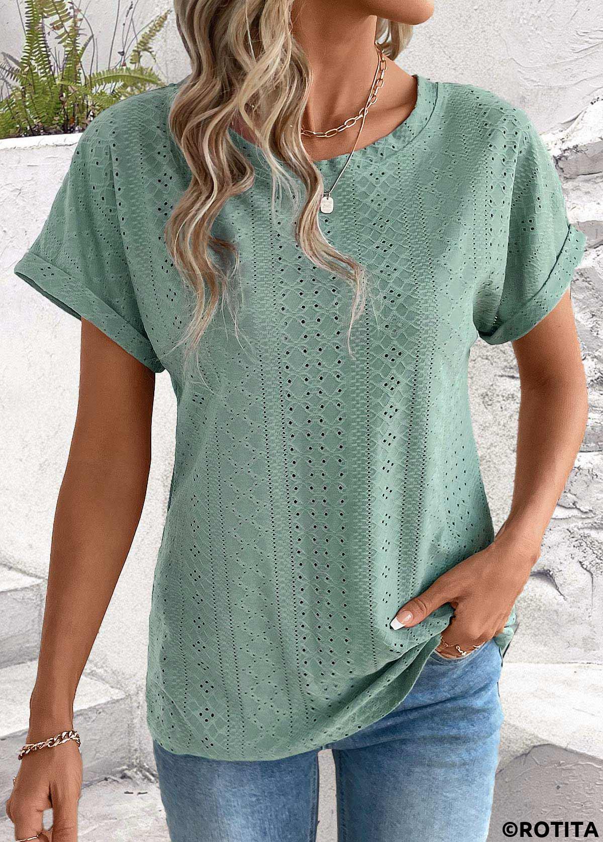Sage Green tops,Plain Color tops,ROTITA Tummy Coverage Sage Green Round Neck T Shirt