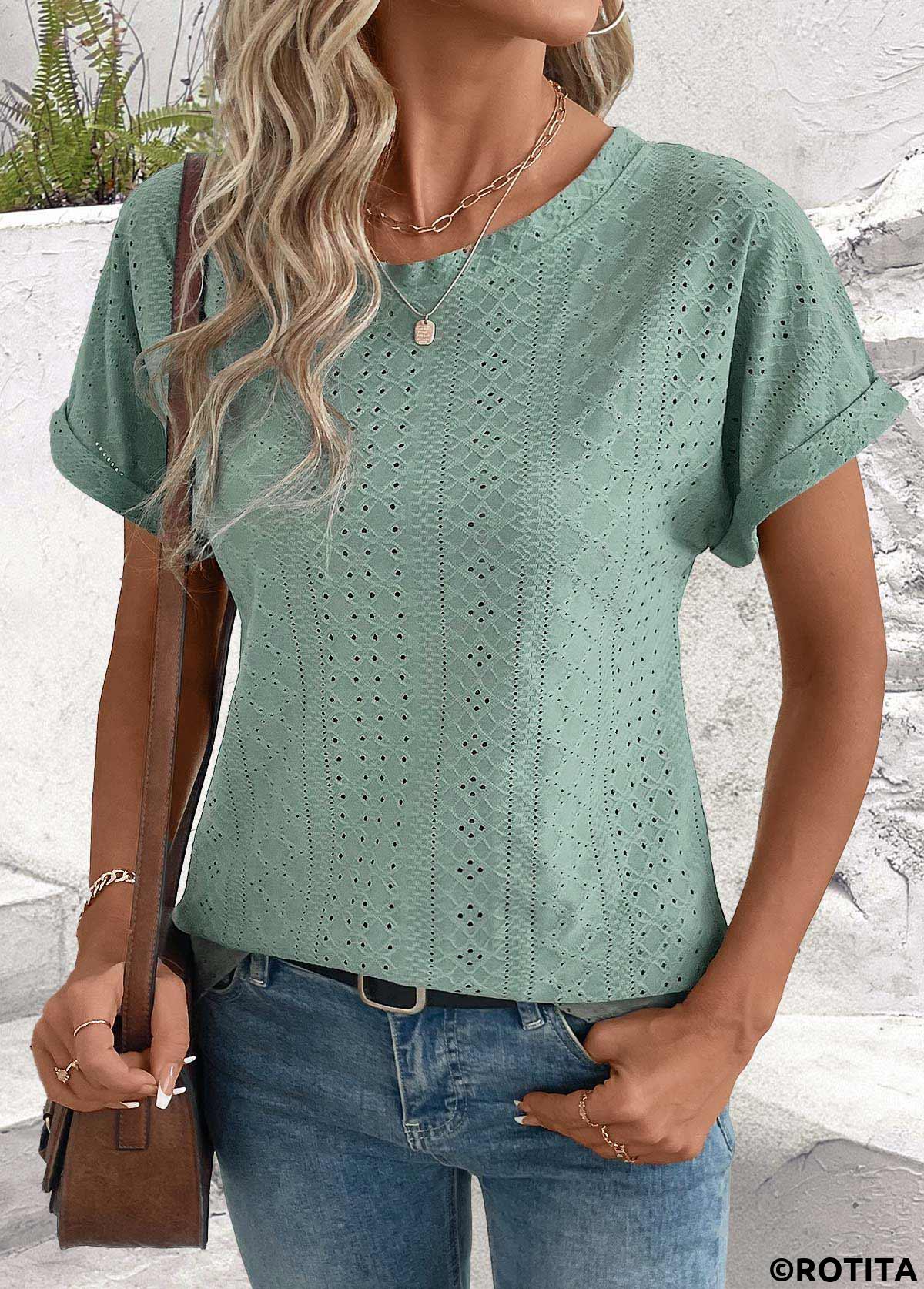 Sage Green tops,Plain Color tops,ROTITA Tummy Coverage Sage Green Round Neck T Shirt