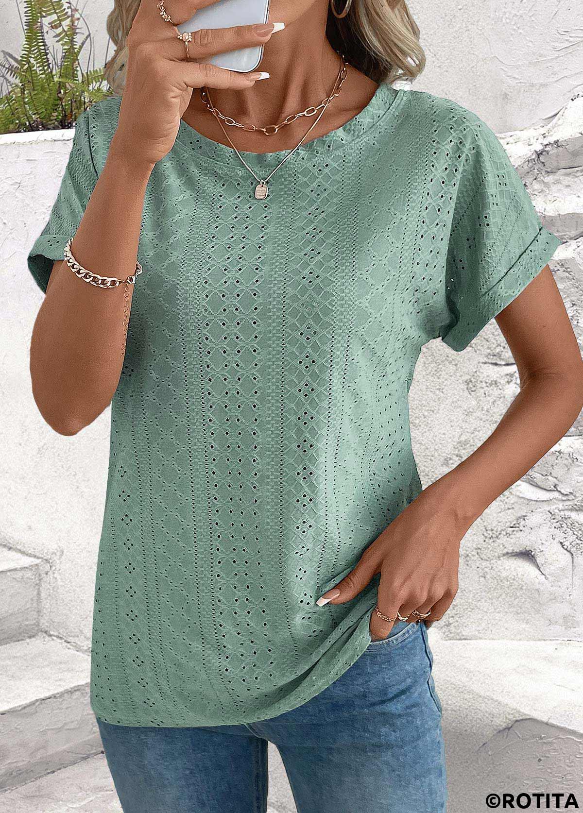 Sage Green tops,Plain Color tops,ROTITA Tummy Coverage Sage Green Round Neck T Shirt