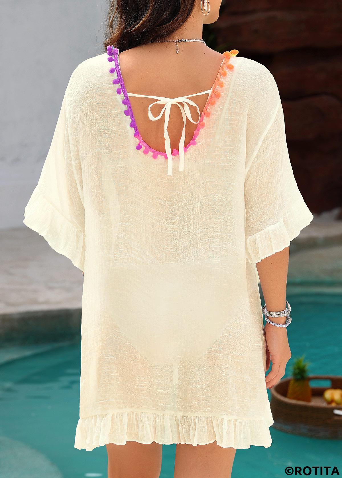 Beige swimwear,Plain Color swimwear,Patchwork Round Neck Beige Cover Up