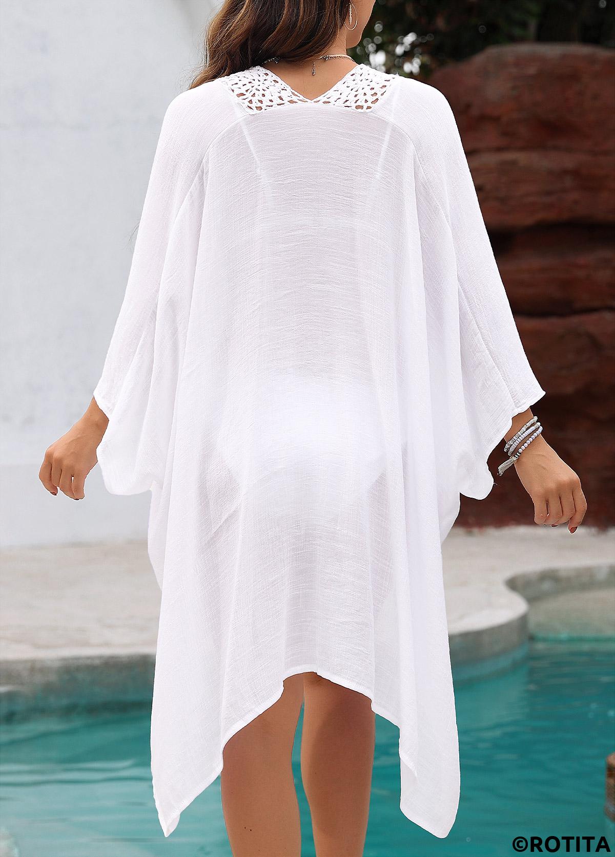 White swimwear,Plain Color swimwear,Tummy Coverage Patchwork White Cover Up