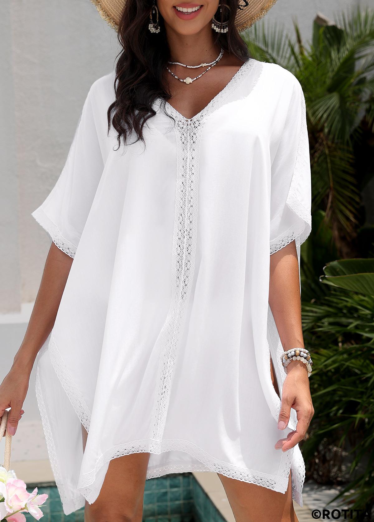 White swimwear,Plain Color swimwear,Tummy Coverage V Neck White Cover Up
