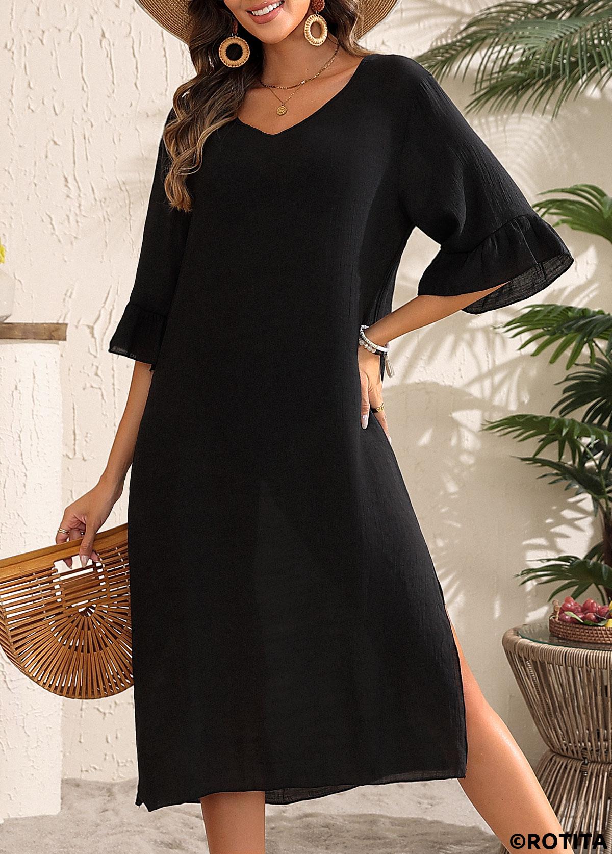 Black swimwear,Plain Color swimwear,Split Black V Neck Cover Up