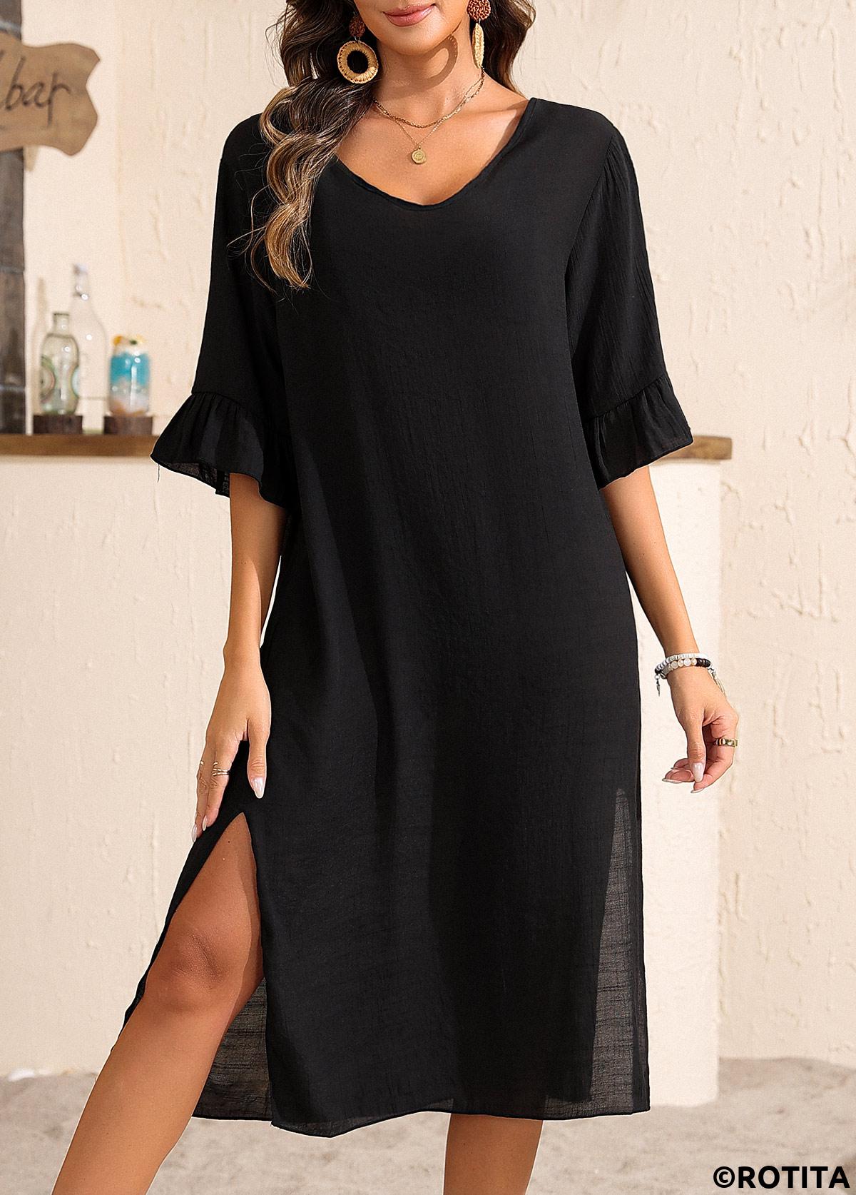 Black swimwear,Plain Color swimwear,Split Black V Neck Cover Up