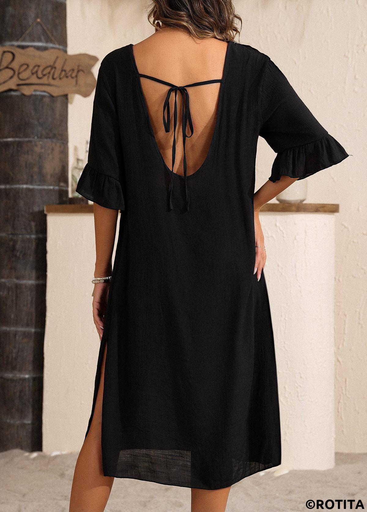 Black swimwear,Plain Color swimwear,Split Black V Neck Cover Up