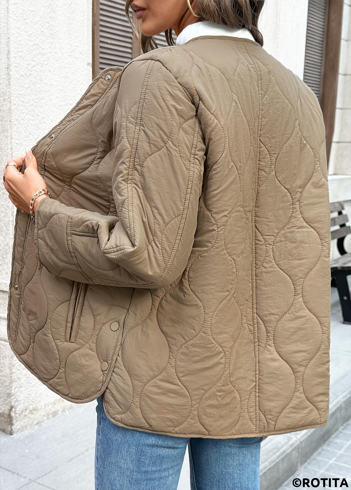 Dark Camel tops,Plain Color tops,Tummy Coverage Dark Camel Round Neck Long Sleeve Coat