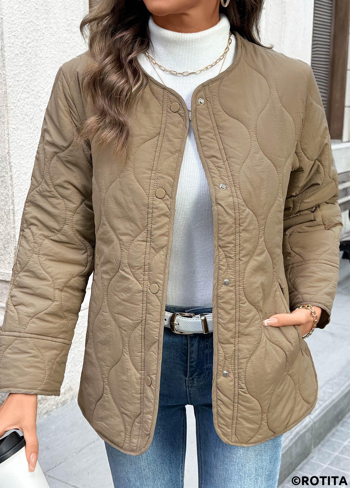 Dark Camel tops,Plain Color tops,Tummy Coverage Dark Camel Round Neck Long Sleeve Coat