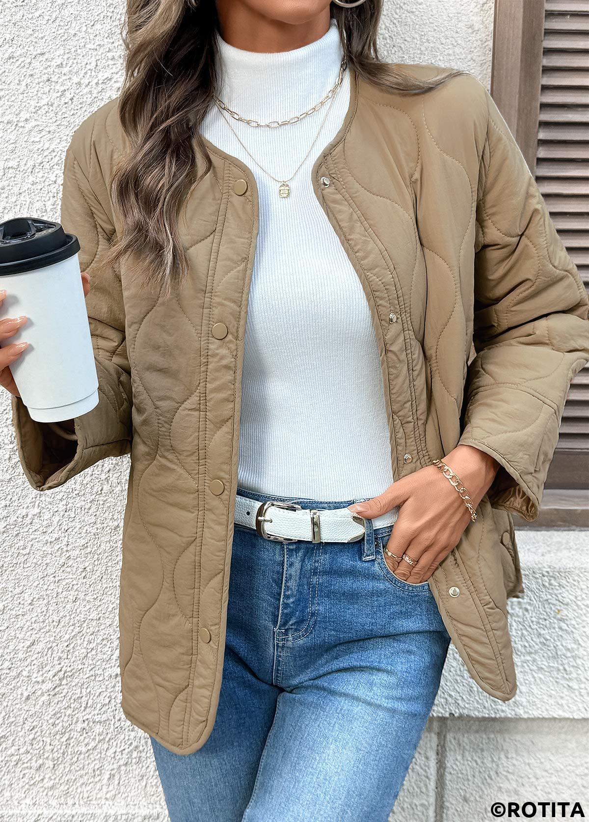 Dark Camel tops,Plain Color tops,Tummy Coverage Dark Camel Round Neck Long Sleeve Coat