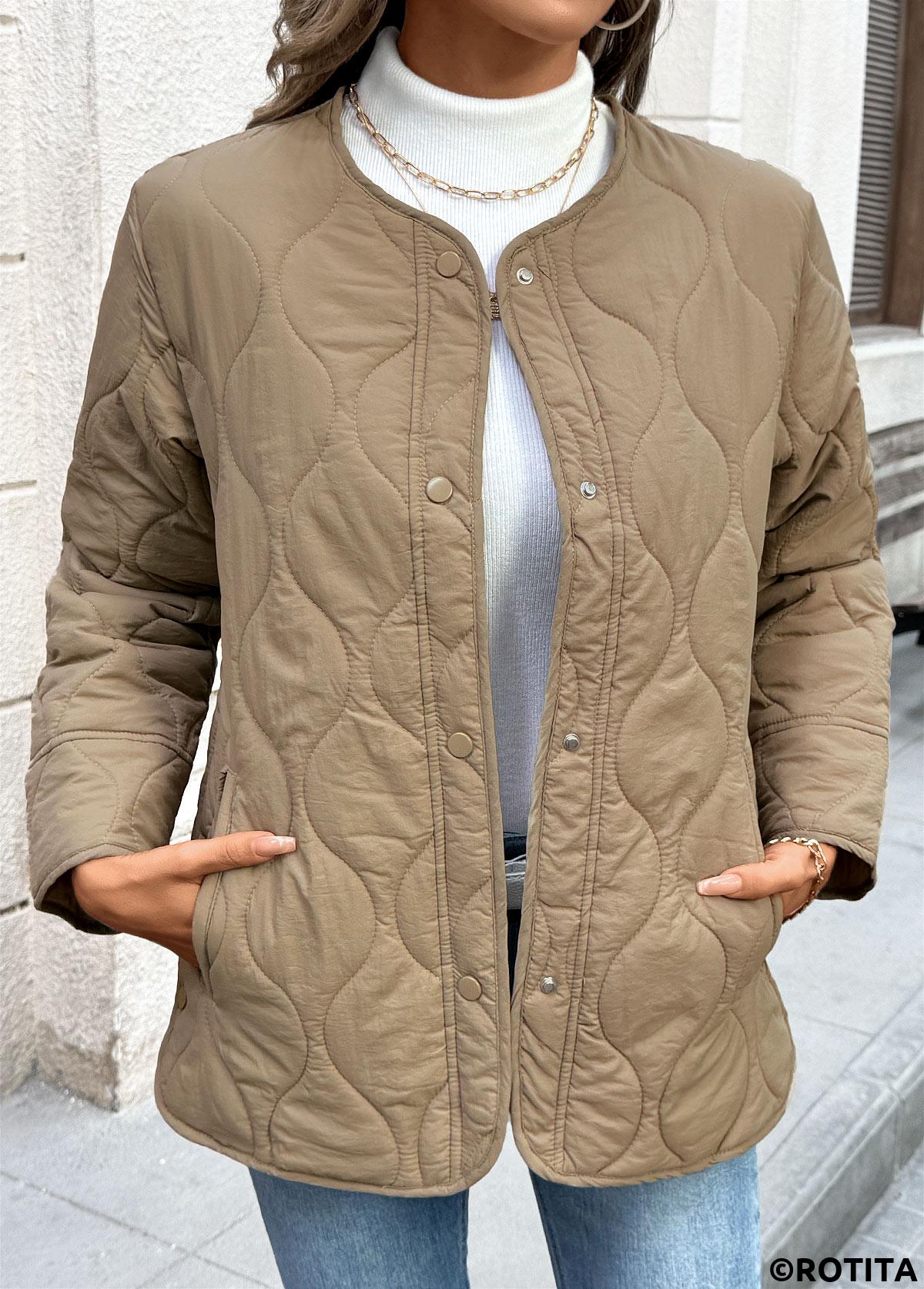 Dark Camel tops,Plain Color tops,Tummy Coverage Dark Camel Round Neck Long Sleeve Coat