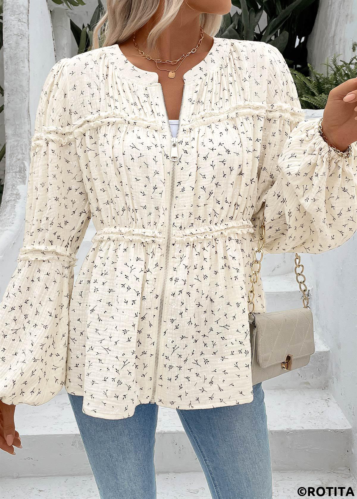 Beige tops,Ditsy Floral tops,ROTITA Peplum Ditsy Floral Print Beige Round Neck Blouse