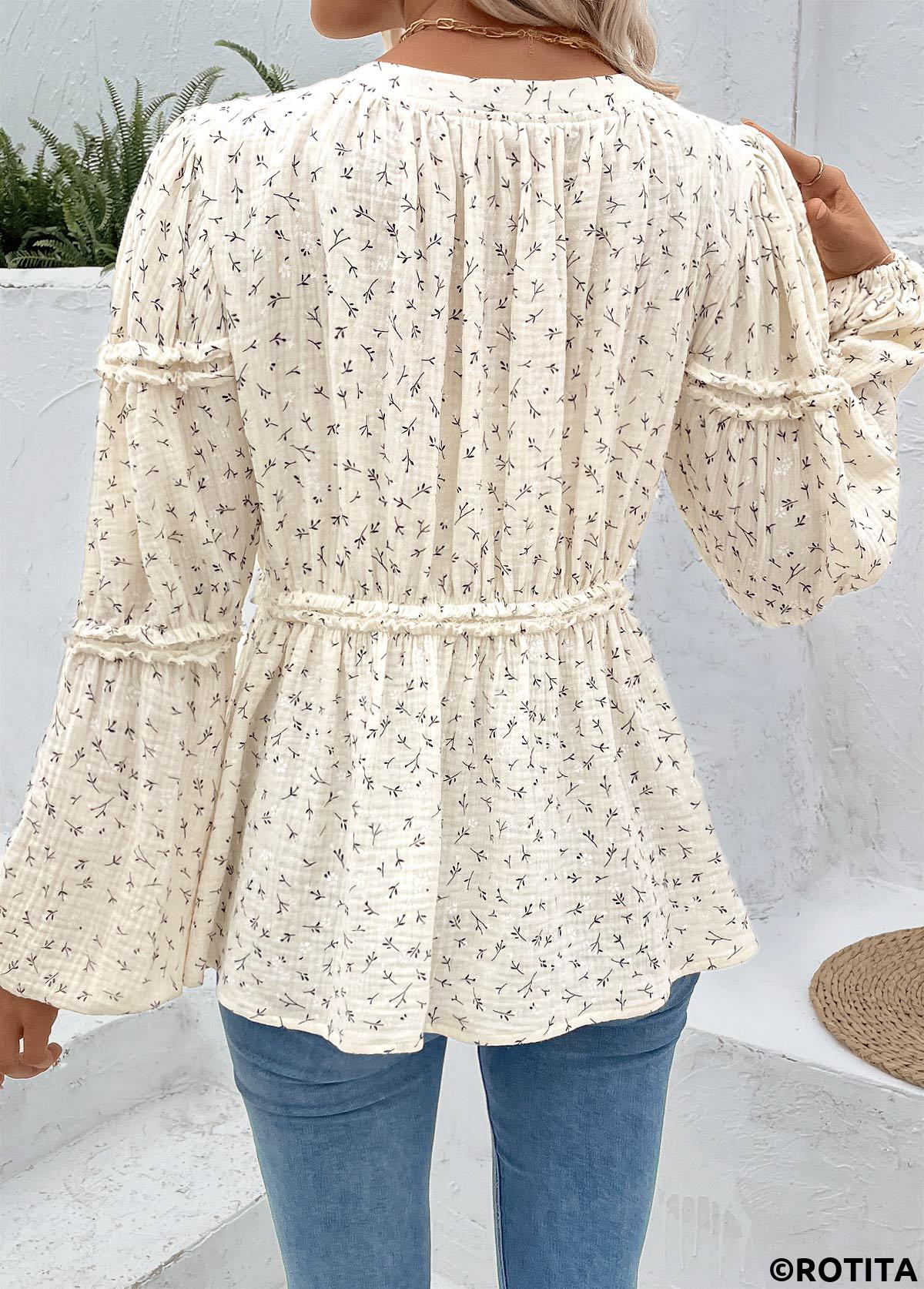 Beige tops,Ditsy Floral tops,ROTITA Peplum Ditsy Floral Print Beige Round Neck Blouse