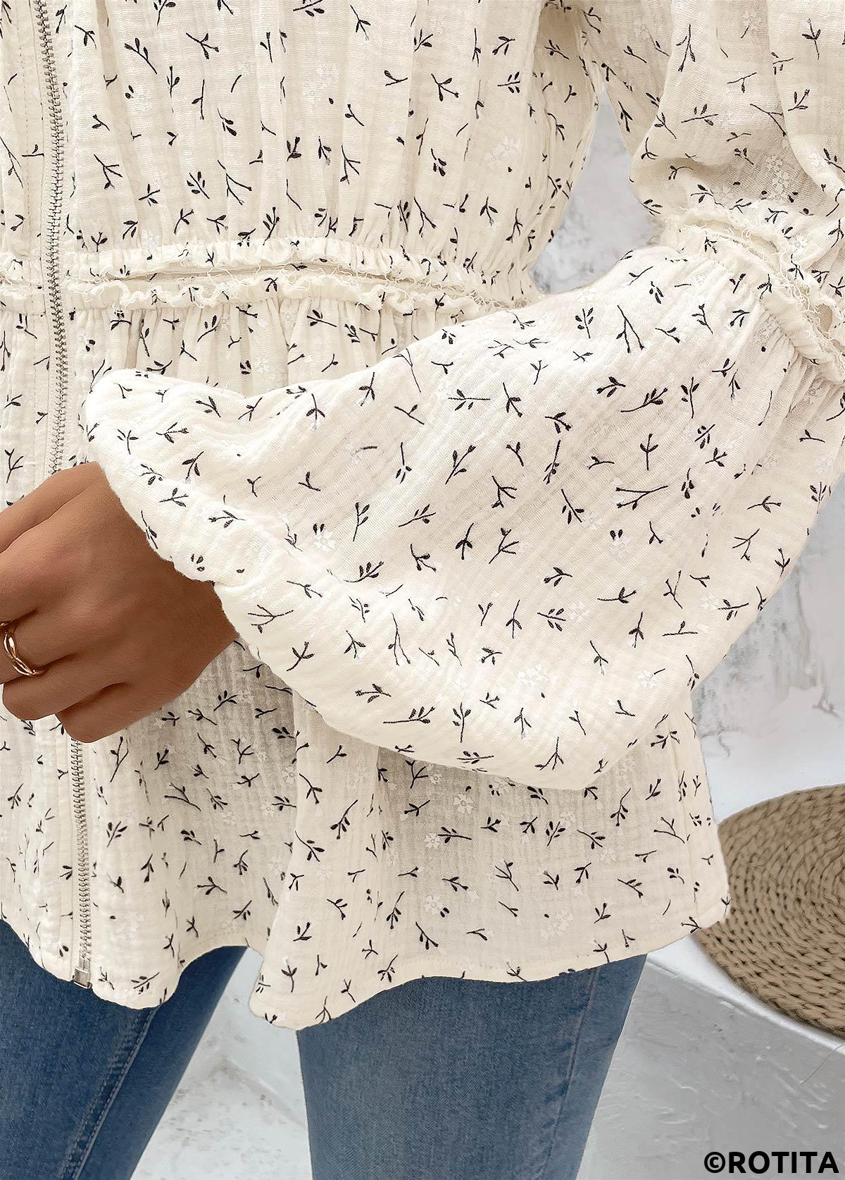 Beige tops,Ditsy Floral tops,ROTITA Peplum Ditsy Floral Print Beige Round Neck Blouse