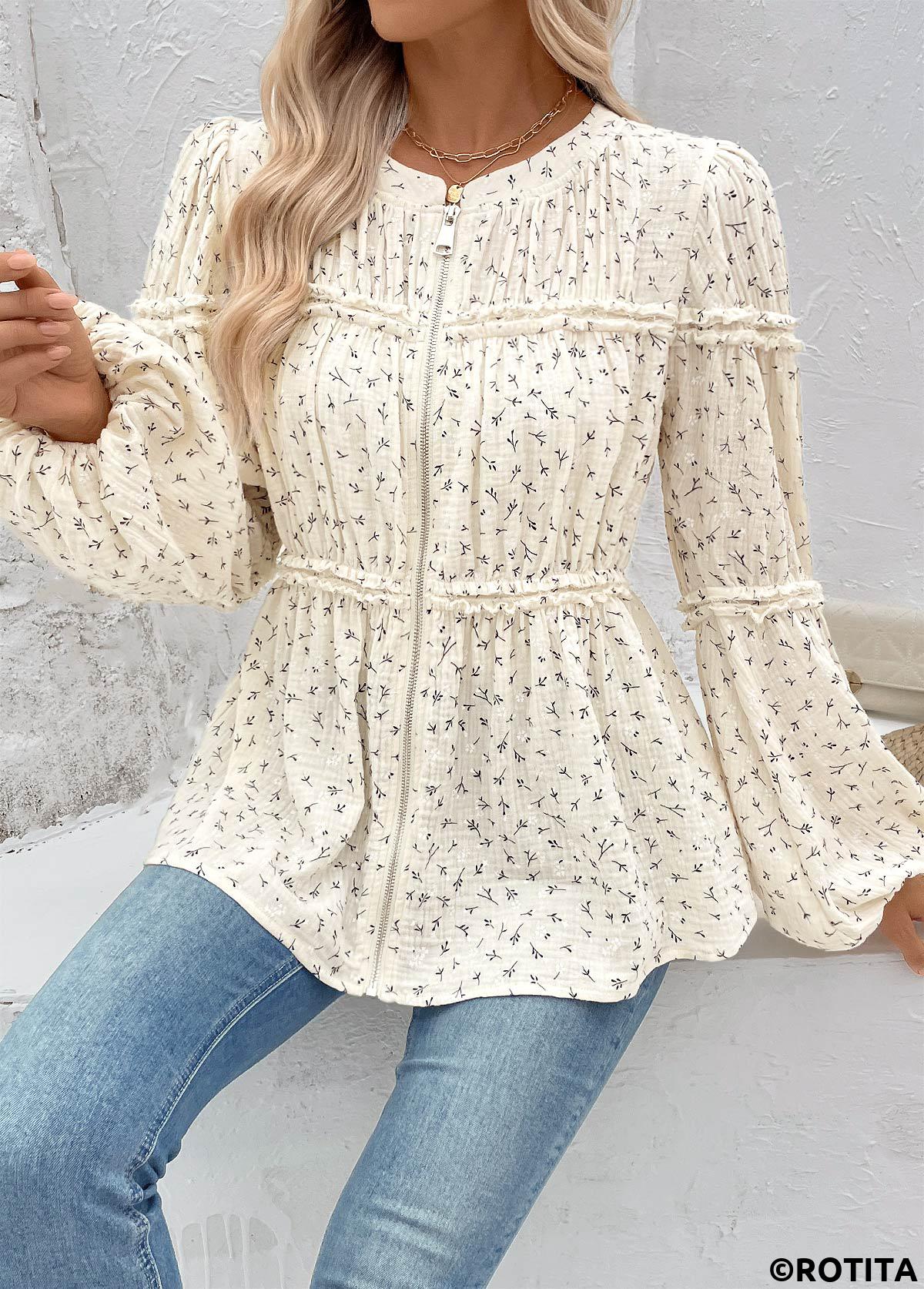 Beige tops,Ditsy Floral tops,ROTITA Peplum Ditsy Floral Print Beige Round Neck Blouse