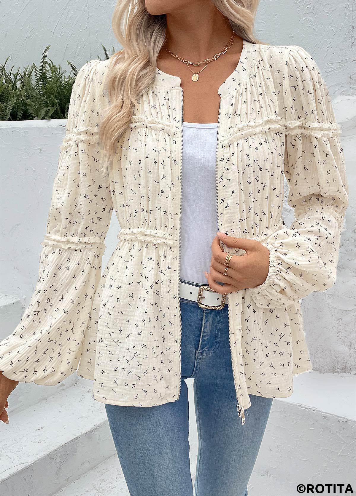 Beige tops,Ditsy Floral tops,ROTITA Peplum Ditsy Floral Print Beige Round Neck Blouse