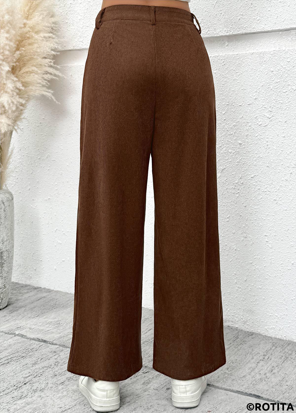Dark Coffee bottoms,Plain Color bottoms,Dark Coffee Wide Leg Button Fly High Waisted Pants
