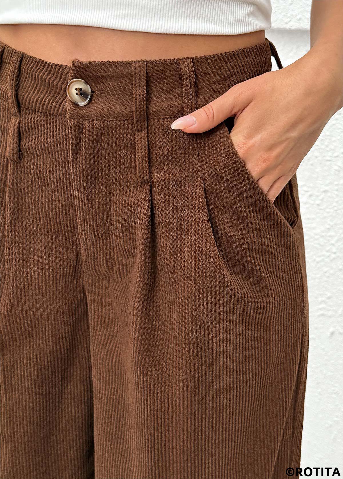 Dark Coffee bottoms,Plain Color bottoms,Dark Coffee Wide Leg Button Fly High Waisted Pants