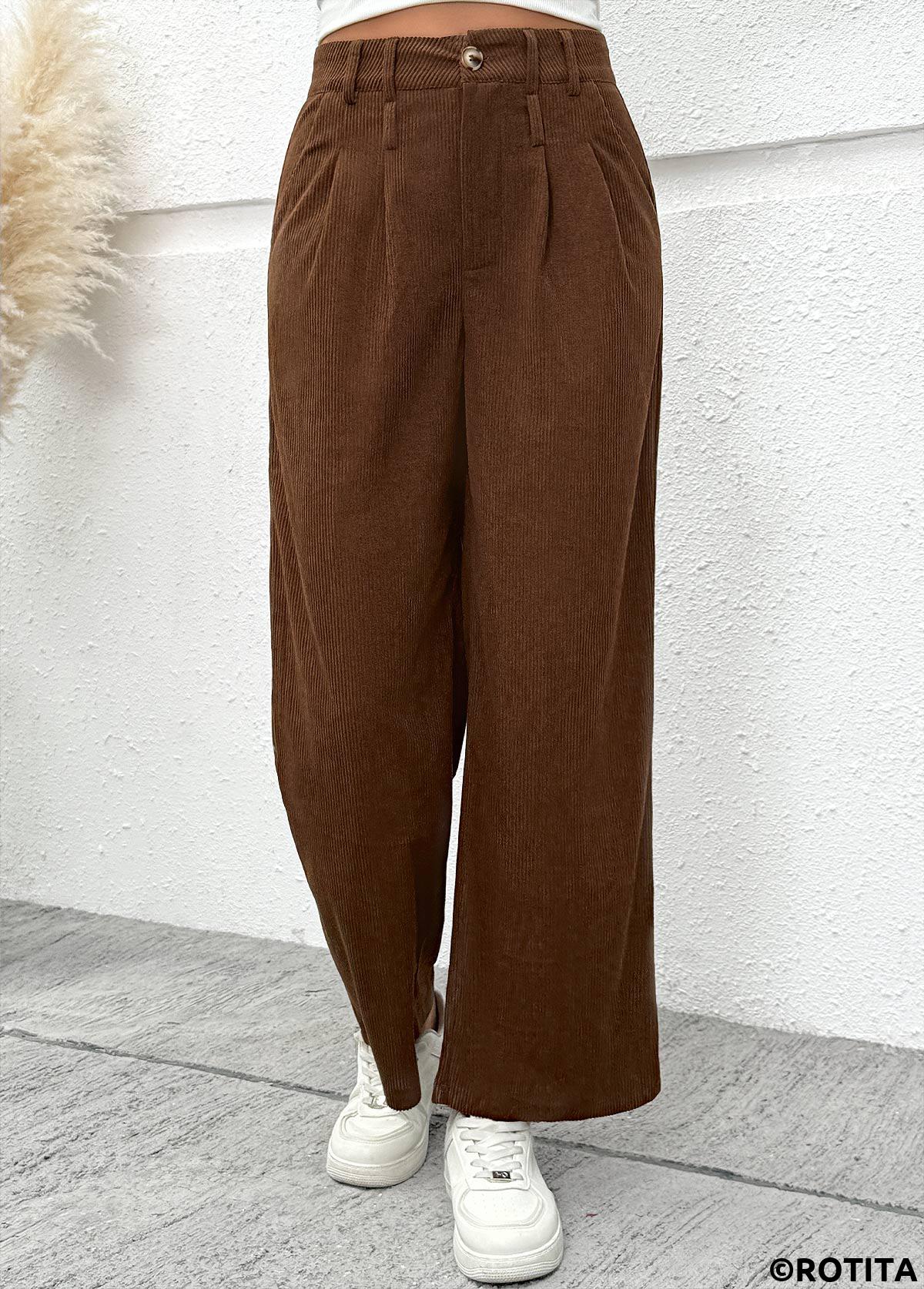 Dark Coffee bottoms,Plain Color bottoms,Dark Coffee Wide Leg Button Fly High Waisted Pants