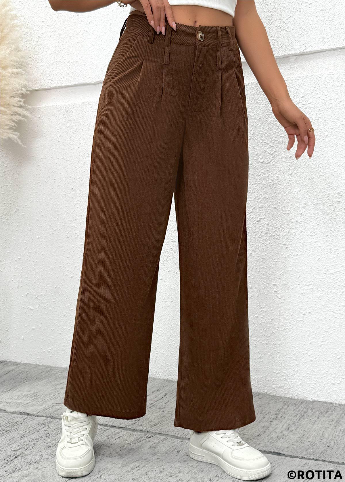 Dark Coffee bottoms,Plain Color bottoms,Dark Coffee Wide Leg Button Fly High Waisted Pants