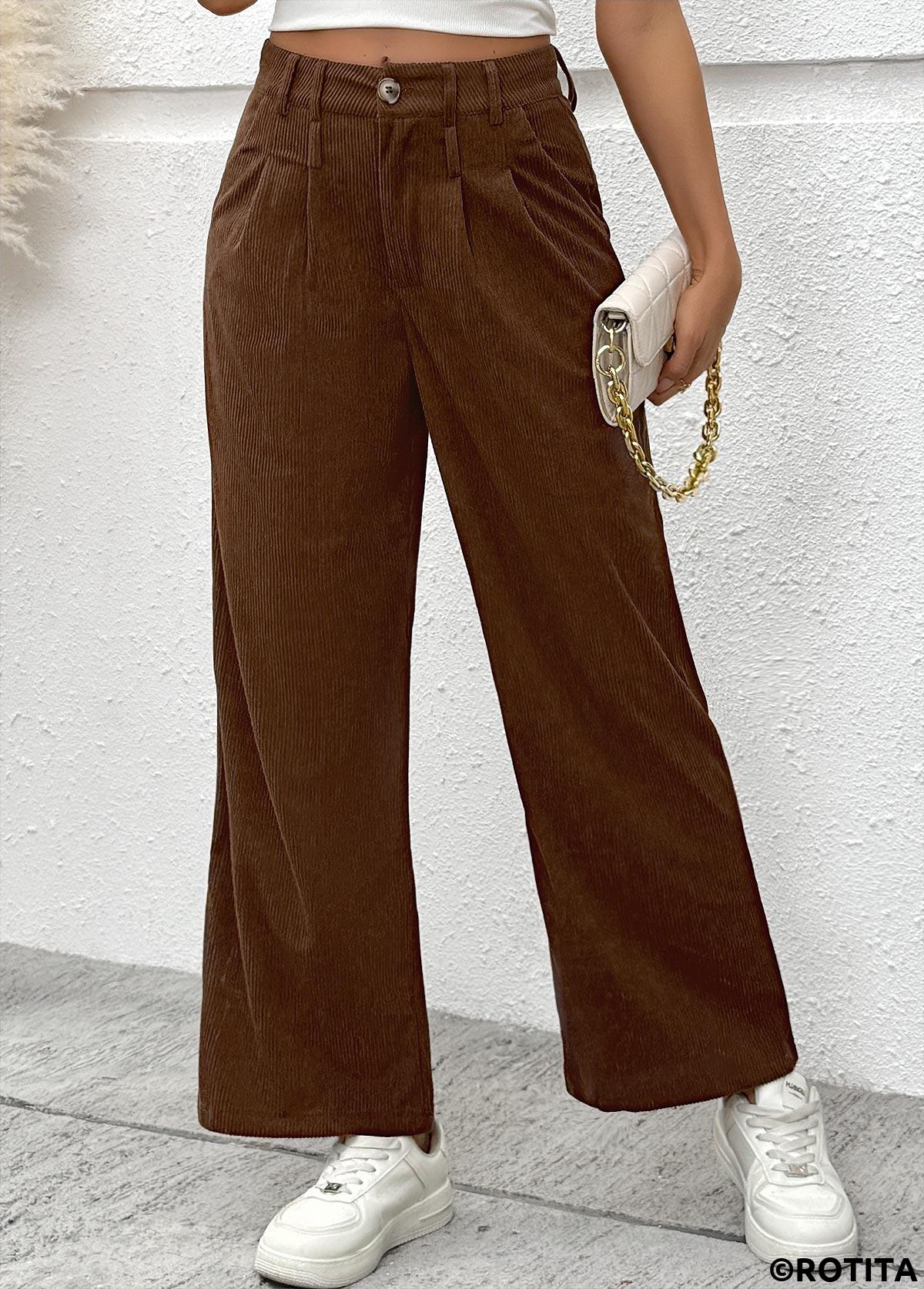 Dark Coffee bottoms,Plain Color bottoms,Dark Coffee Wide Leg Button Fly High Waisted Pants