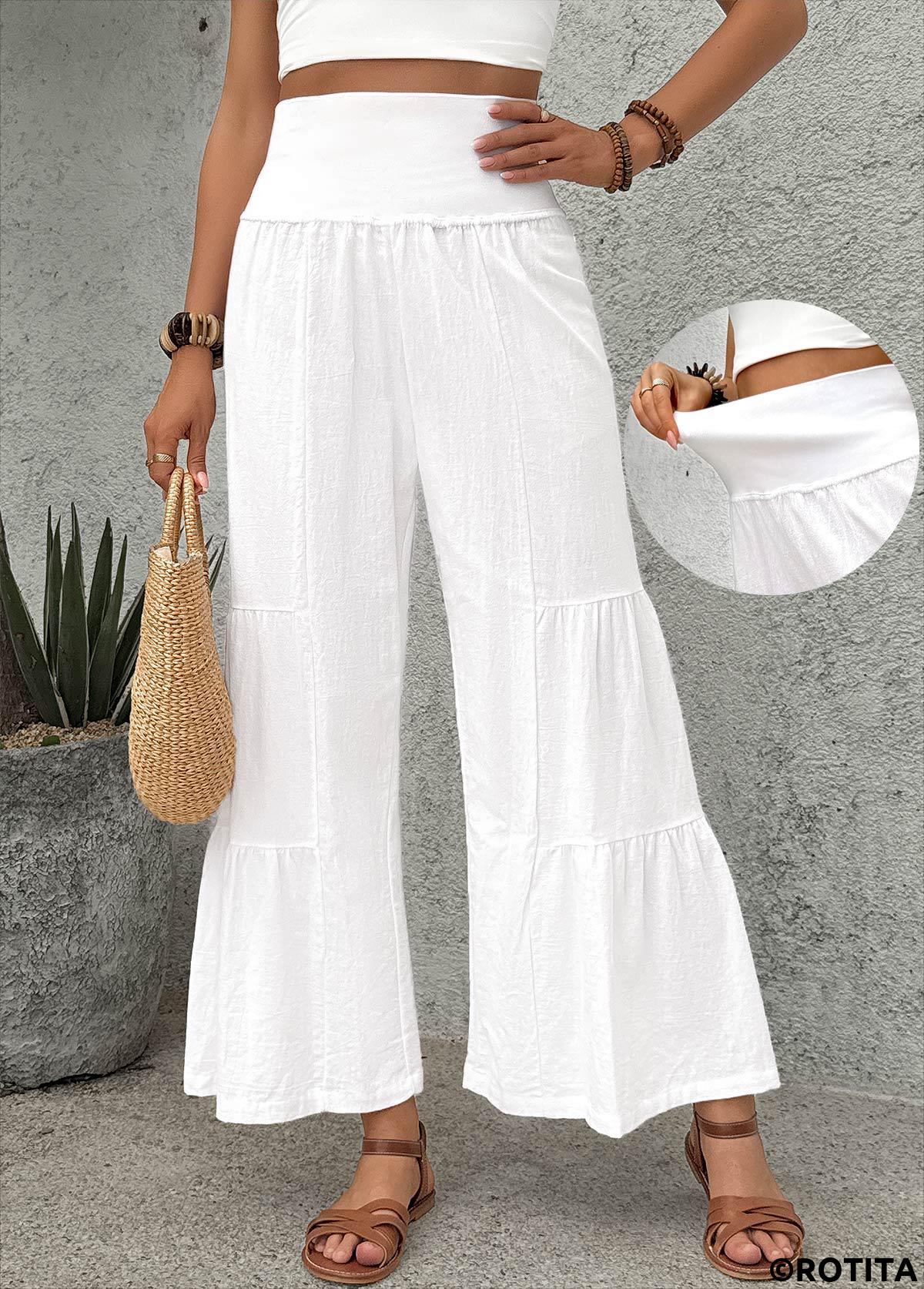 White bottoms,Plain Color bottoms,White Wide Leg Elastic Waist High Waisted Pants