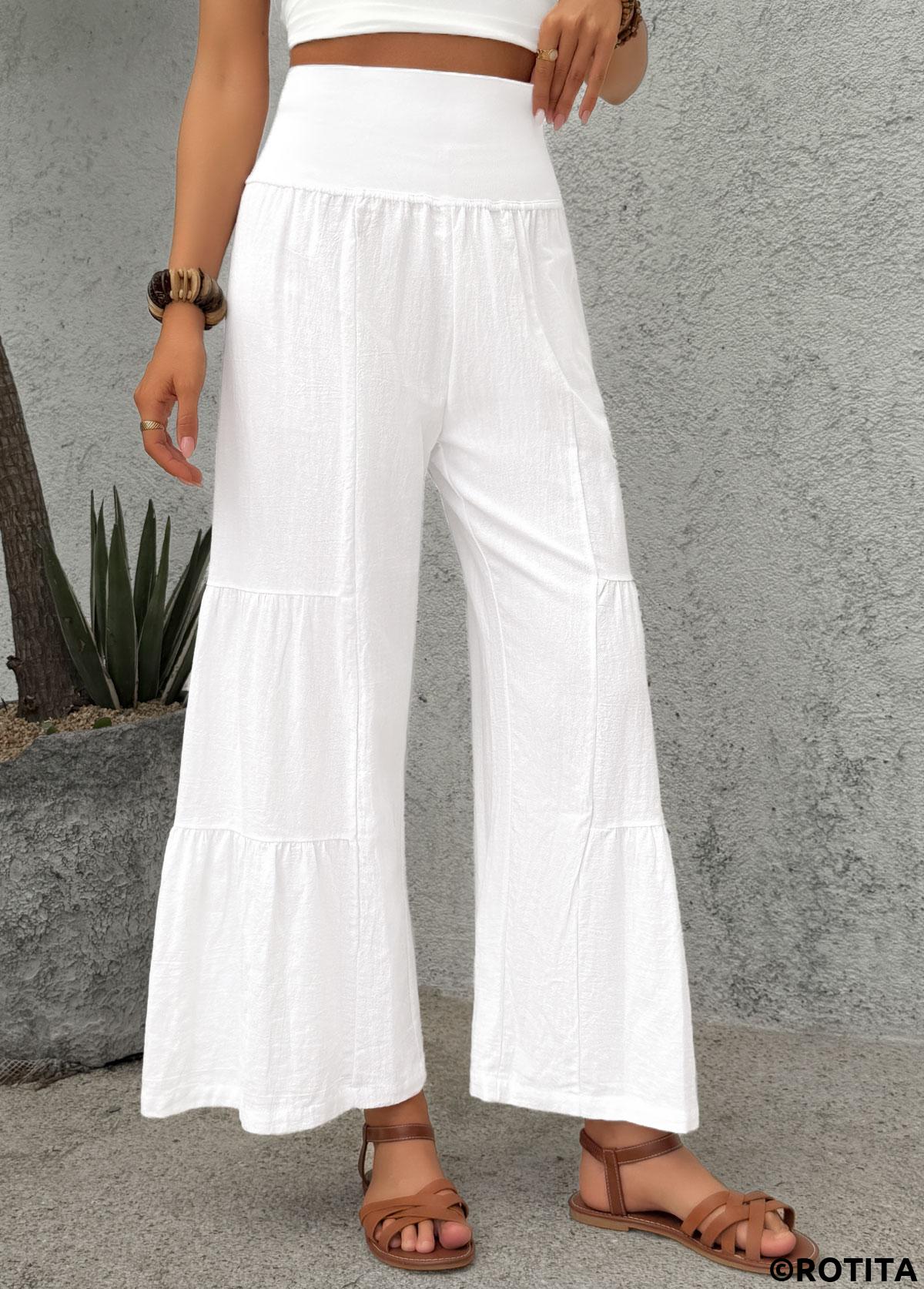 White bottoms,Plain Color bottoms,White Wide Leg Elastic Waist High Waisted Pants