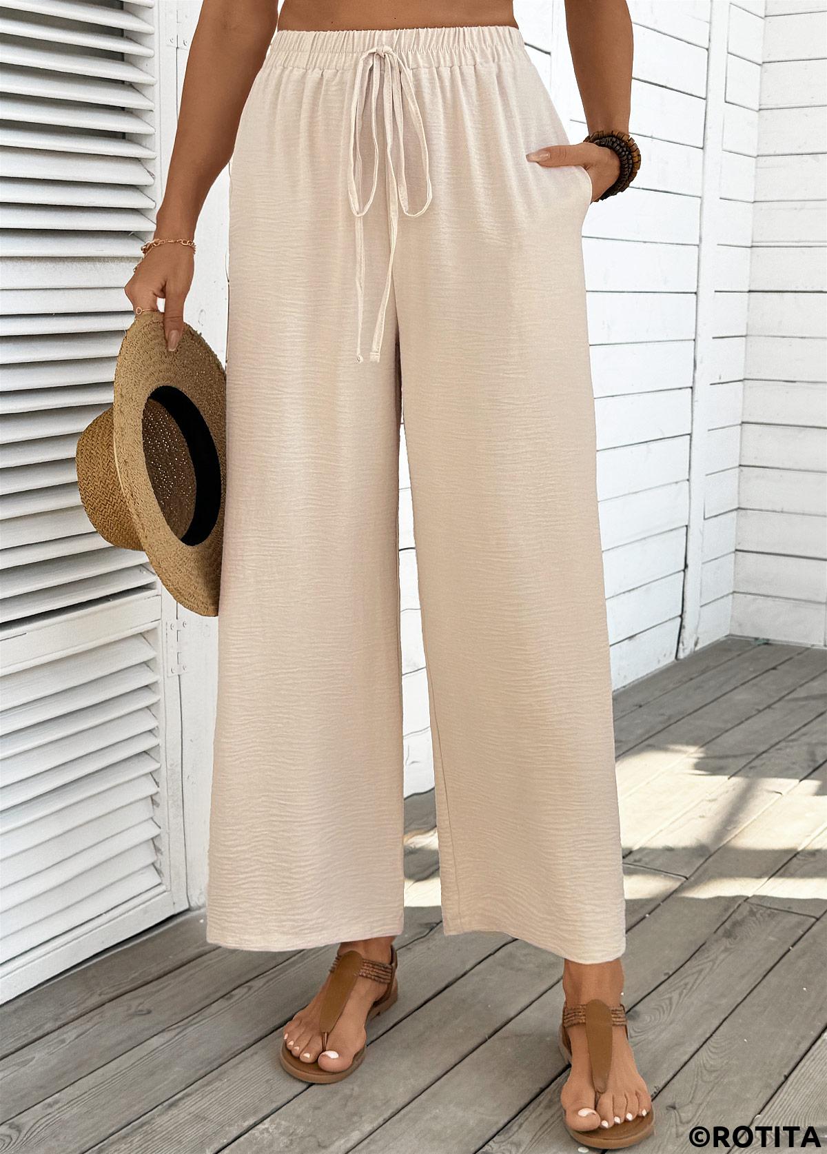 Dark Camel bottoms,Plain Color bottoms,Pocket Dark Camel Wide Leg Elastic Waist Pants