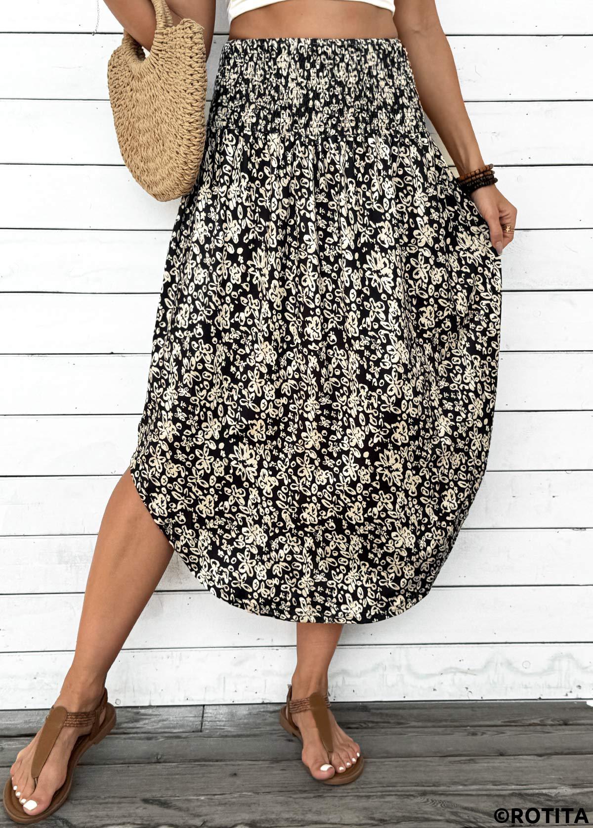 Black bottoms,Floral bottoms,Plants bottoms,Floral Print Black Elastic Waist A Line Skirt