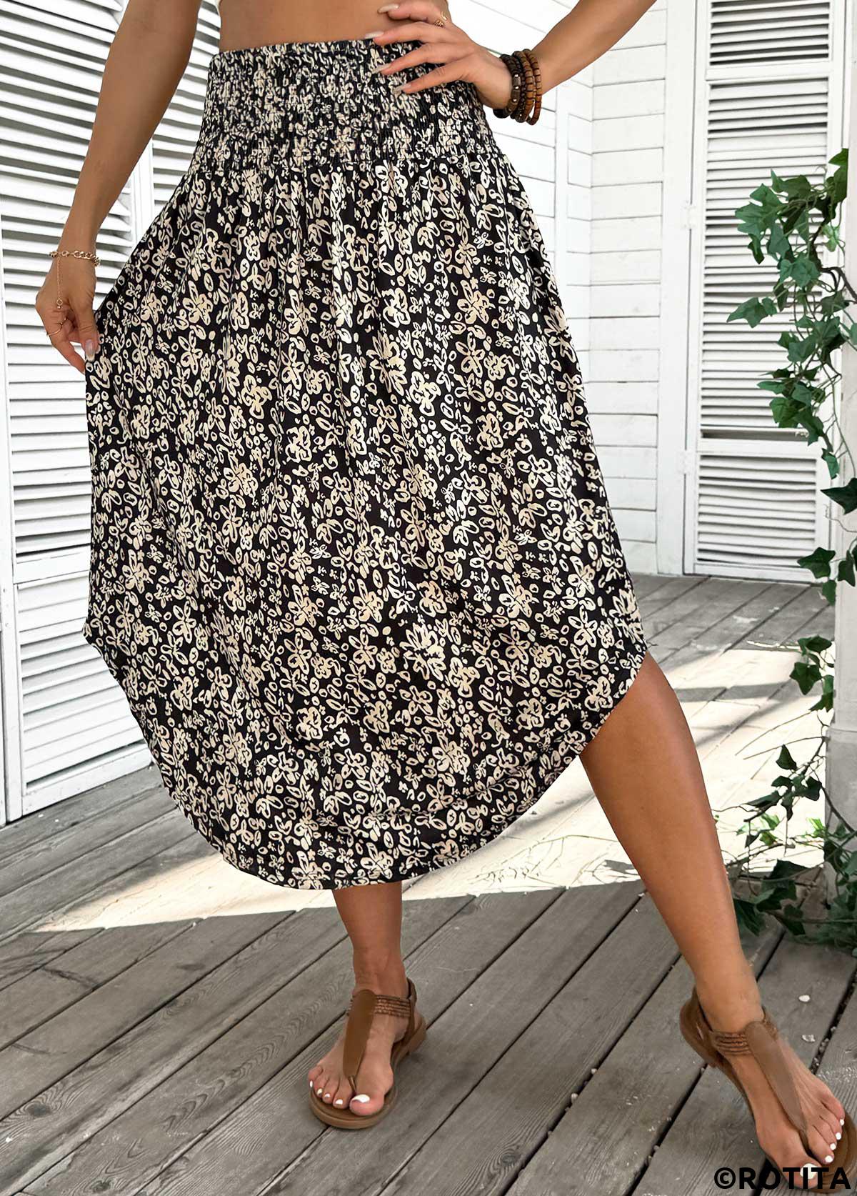 Black bottoms,Floral bottoms,Plants bottoms,Floral Print Black Elastic Waist A Line Skirt