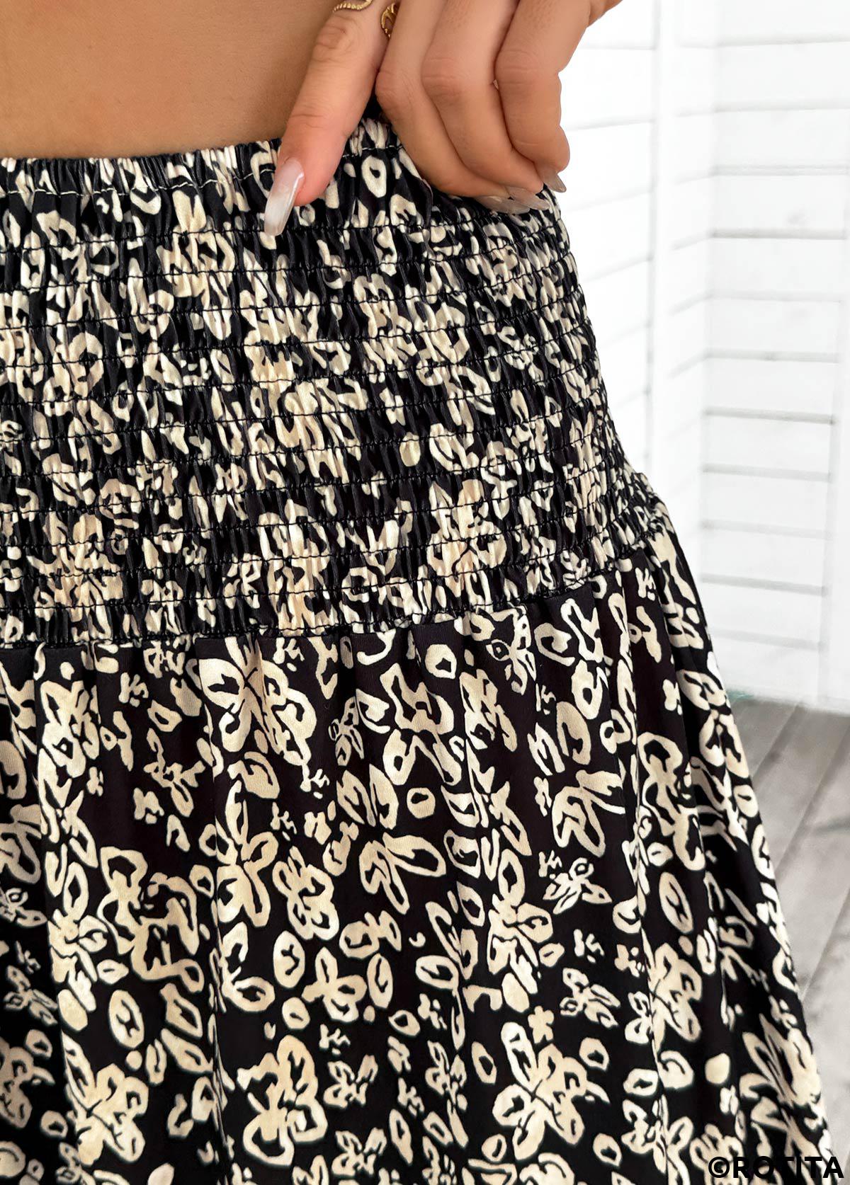Black bottoms,Floral bottoms,Plants bottoms,Floral Print Black Elastic Waist A Line Skirt