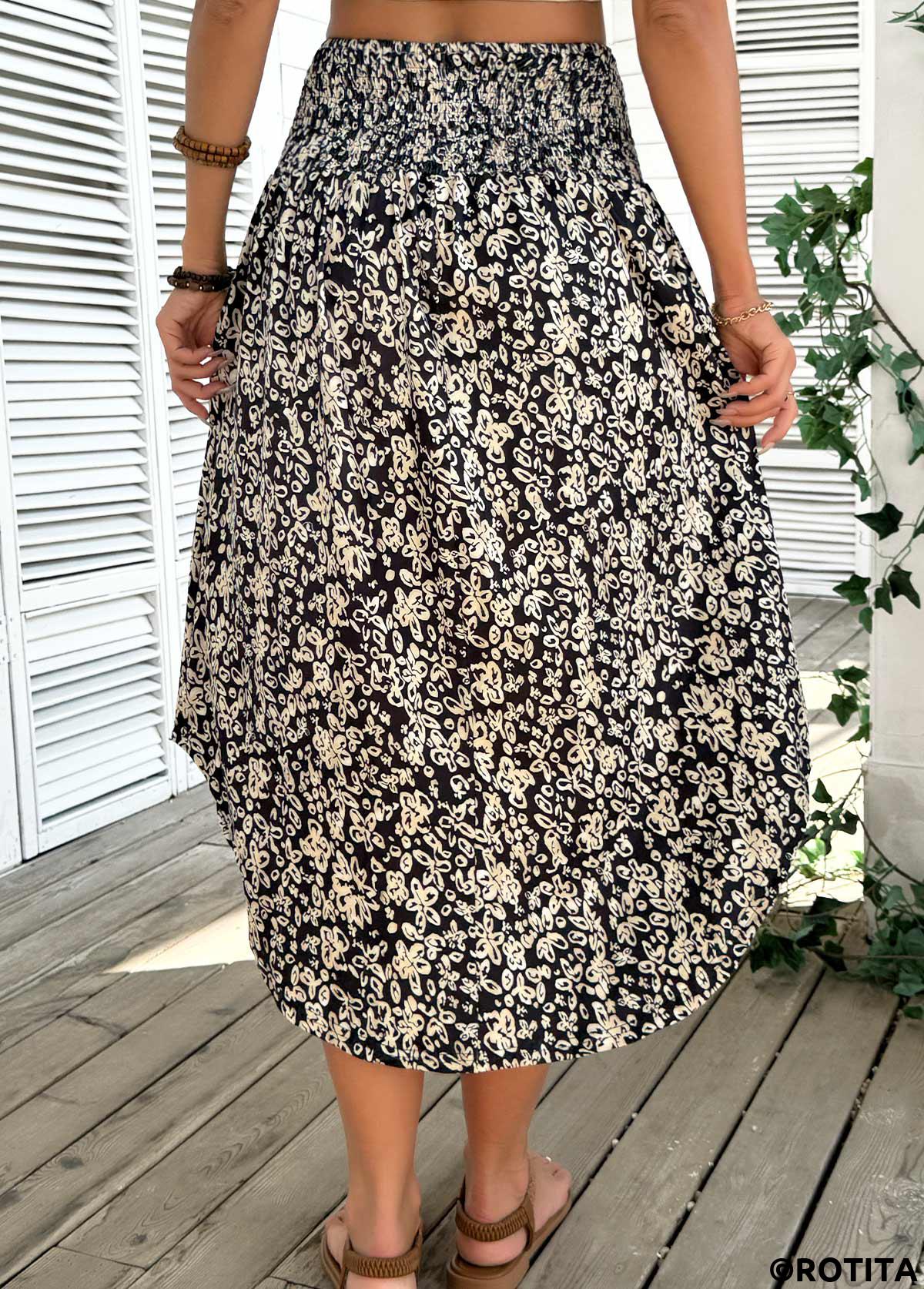 Black bottoms,Floral bottoms,Plants bottoms,Floral Print Black Elastic Waist A Line Skirt