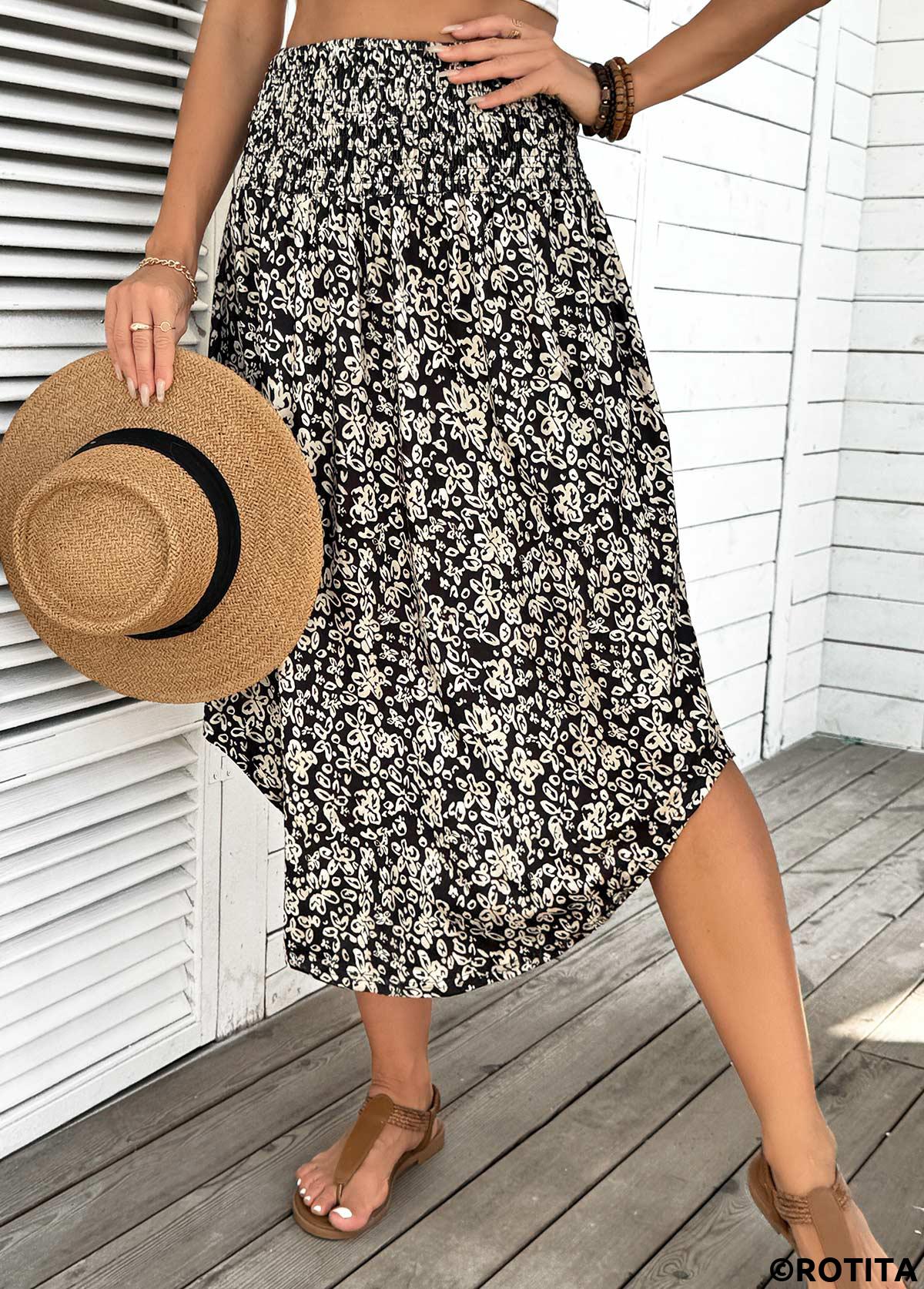 Black bottoms,Floral bottoms,Plants bottoms,Floral Print Black Elastic Waist A Line Skirt